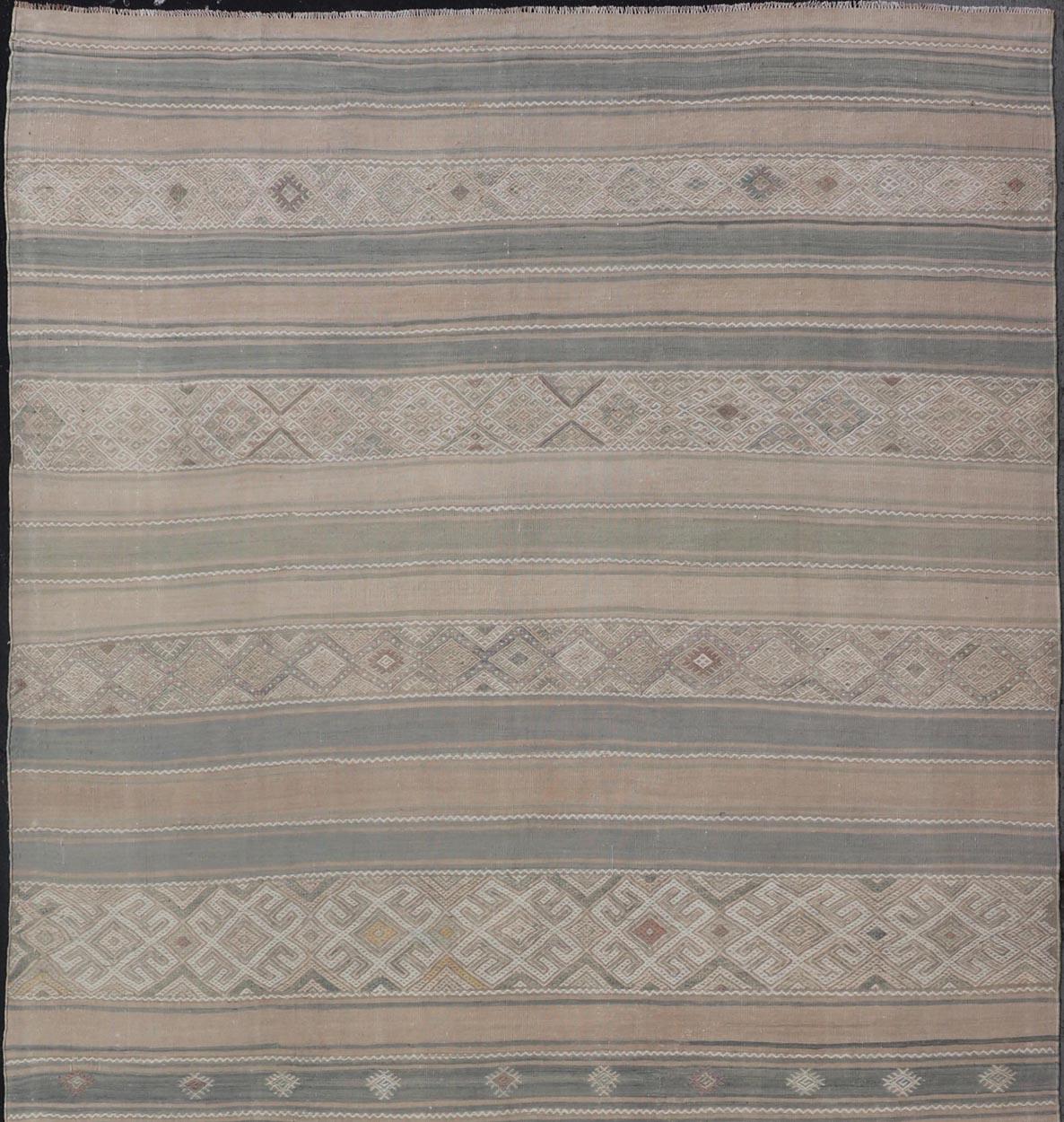 Hand-Woven Gallery Vintage Turkish Flat-Weave Kilim with Embroideries in Earthy Tones