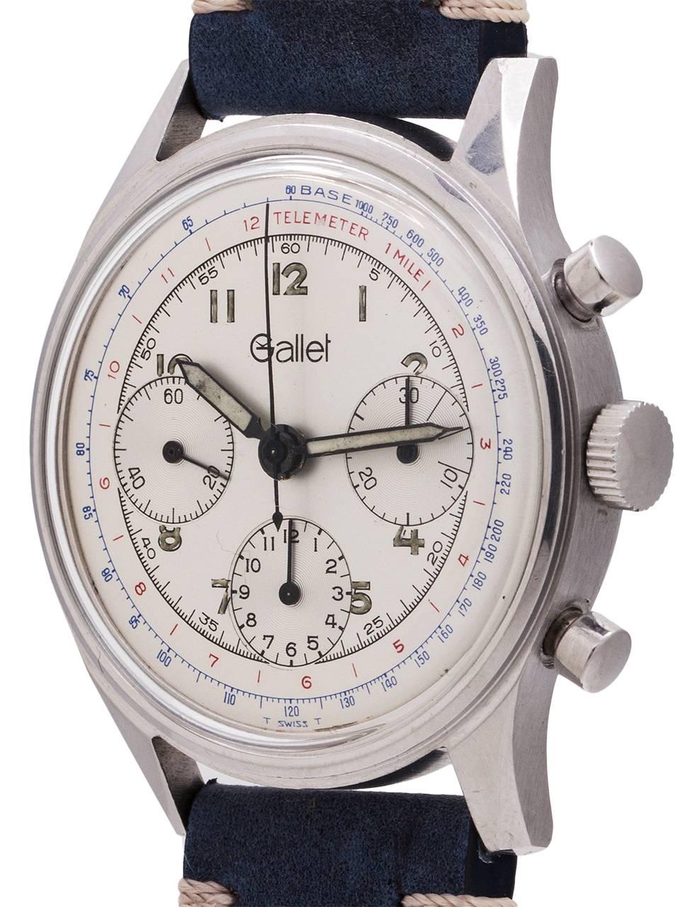 
An exceptionally nice condition original owner vintage Gallet stainless steel case 3 registers manual wind chronograph with original dial with tachometer and telemeter scales. Featuring a 37mm diameter stainless steel case with sharp beveled lugs