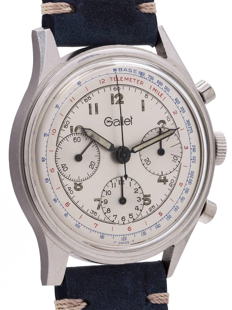 Gallet stainless steel 12H Three Registers Multichron Valjoux manual Wristwatch In Excellent Condition In West Hollywood, CA