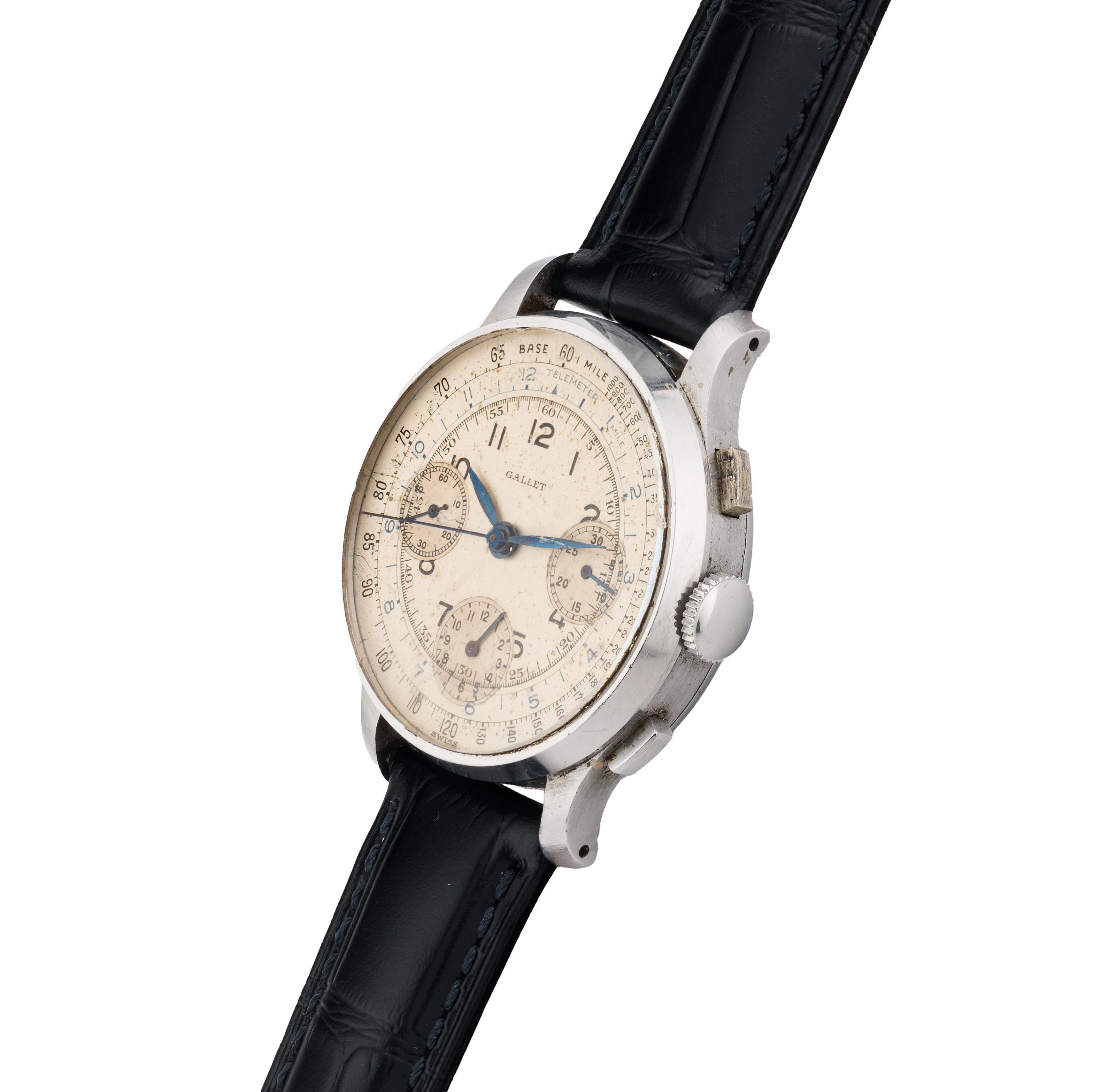 Aston Estate Jewelry Presents:

A Gallet circa 1940 triple register chronograph timepiece, in exceptionally original condition right down to it's glass crystal. This round watch features a 35mm heavy calatrava style case with snap back and classic