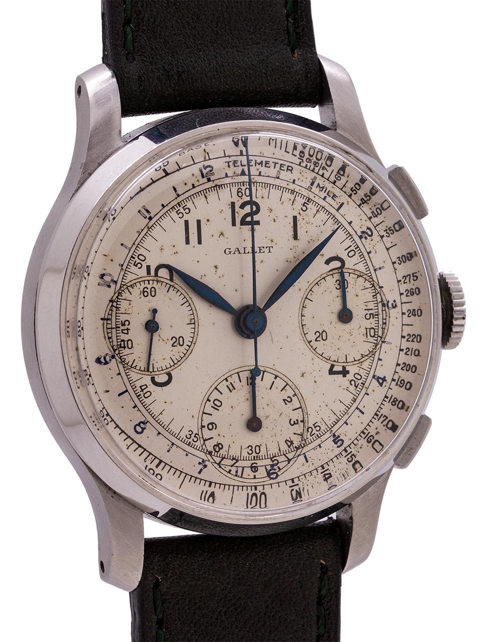 
A very pleasing original dial vintage Gallet 3 registers manual wind chronograph circa 1940’s. Featuring a 34mm diameter stainless steel heavy calatrava style case with elongated and curved lugs and heavy snap on case back. With an attractive