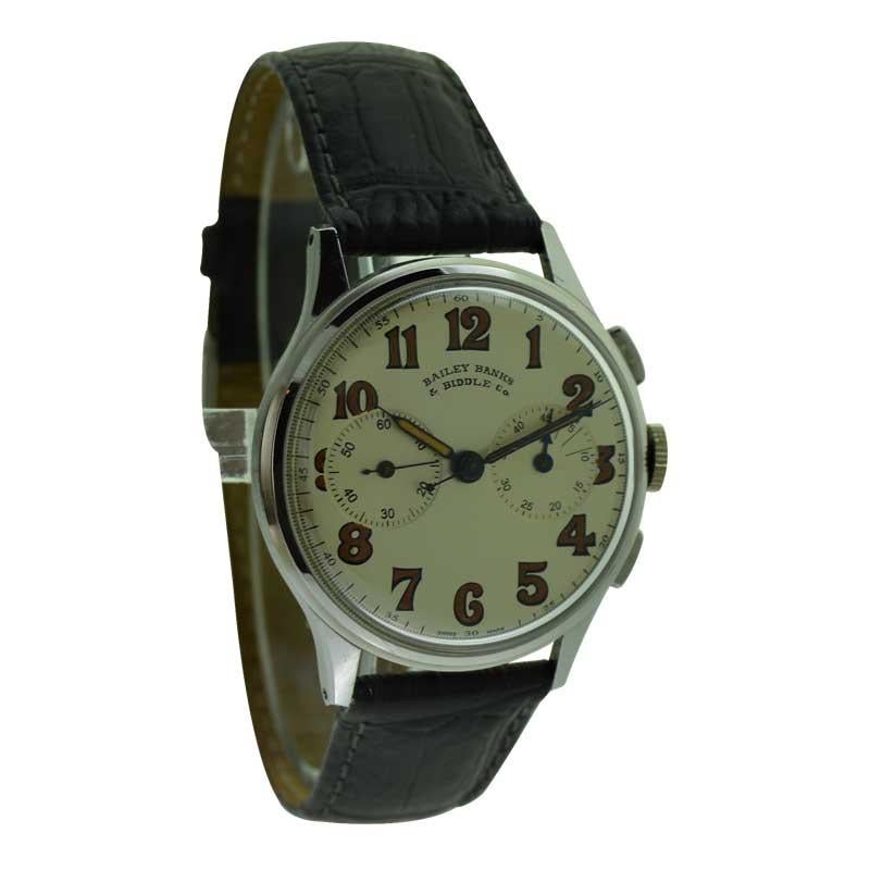 Gallet Chronograph for Bailey Banks and Biddle Art Deco Stainless Steel, 1940s In Excellent Condition In Long Beach, CA
