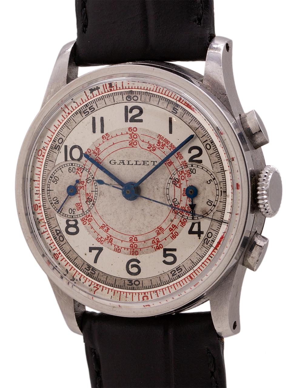 
Very desirable example medium size 1940’s Gallet chronograph with telemeter scale. The 32mm size may make most men pause, but it is a wonderful throw back to a time when watches were small and simply functional. The stainless steel case has short