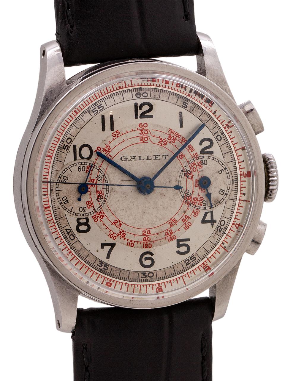 Gallet Millitary Style Chronograph Stainless Steel, circa 1940s In Excellent Condition For Sale In West Hollywood, CA