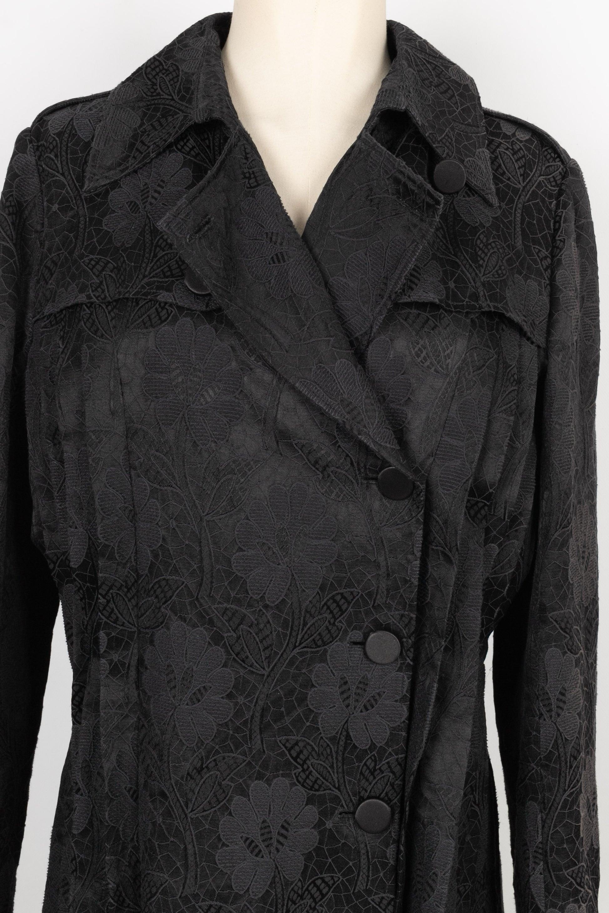 Galliano Black Cotton Trench-style Coat Illustrated with Flowers For Sale 1