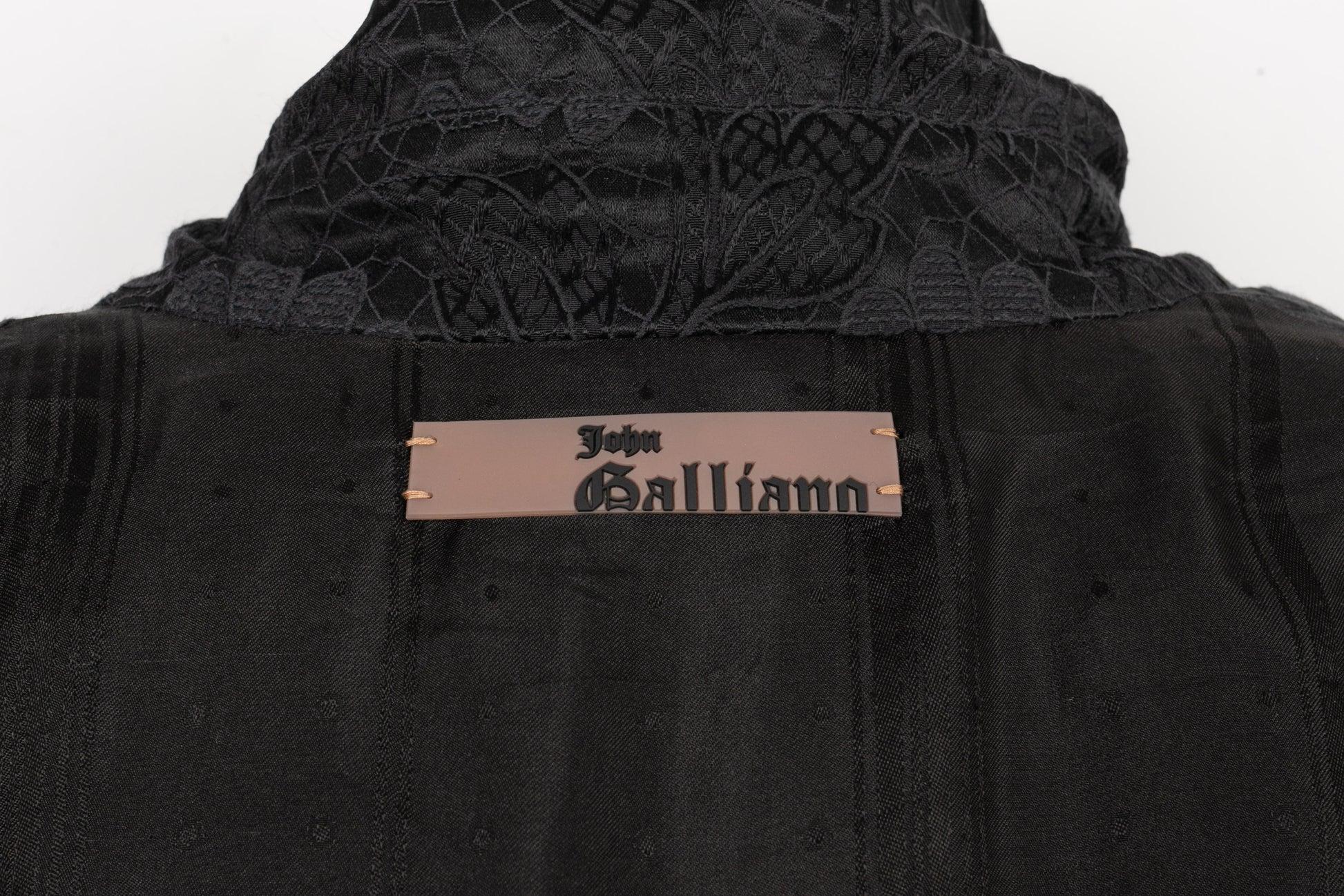 Galliano Black Cotton Trench-style Coat Illustrated with Flowers For Sale 4