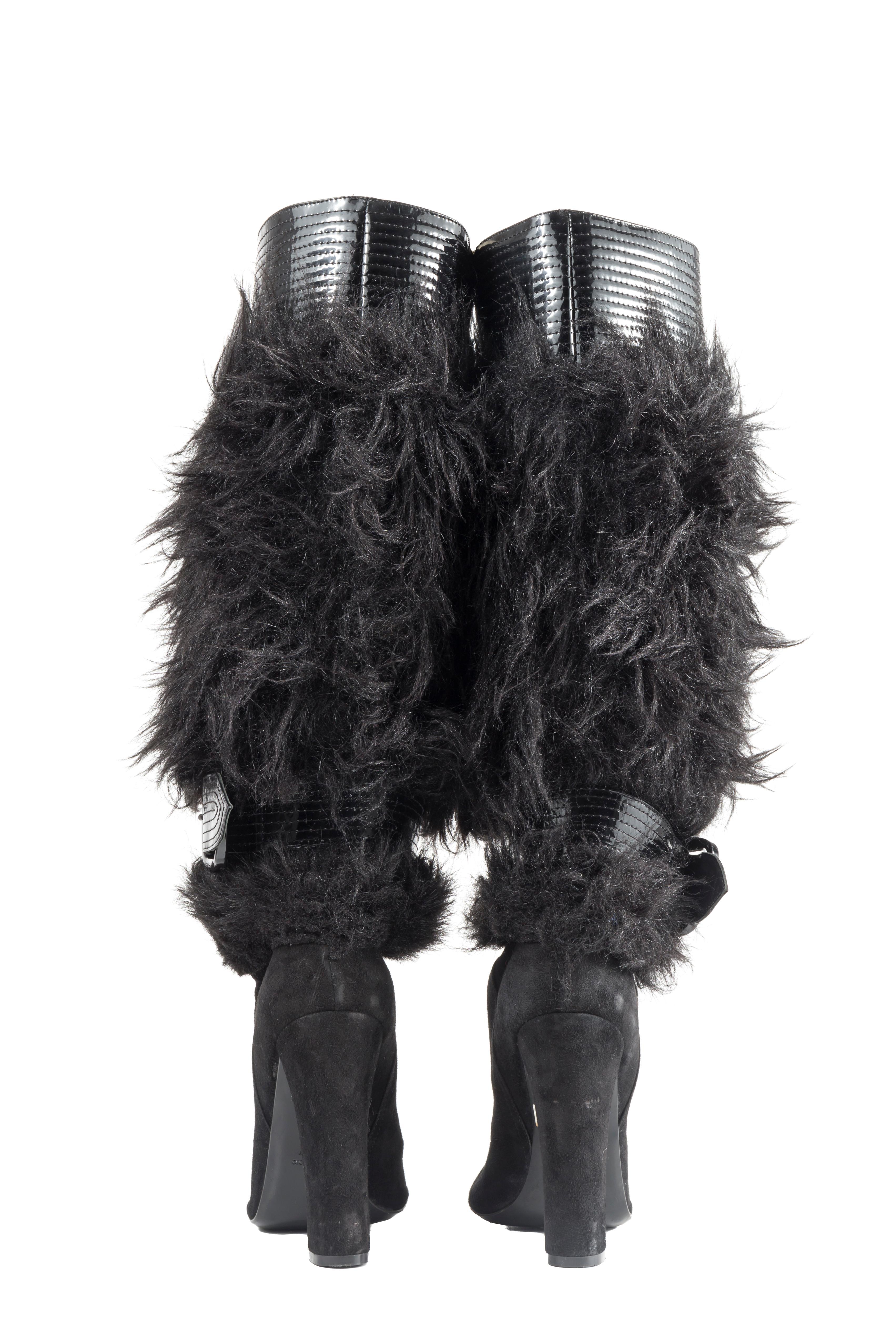 Women's Galliano black faux fur suede boots, 2000s For Sale