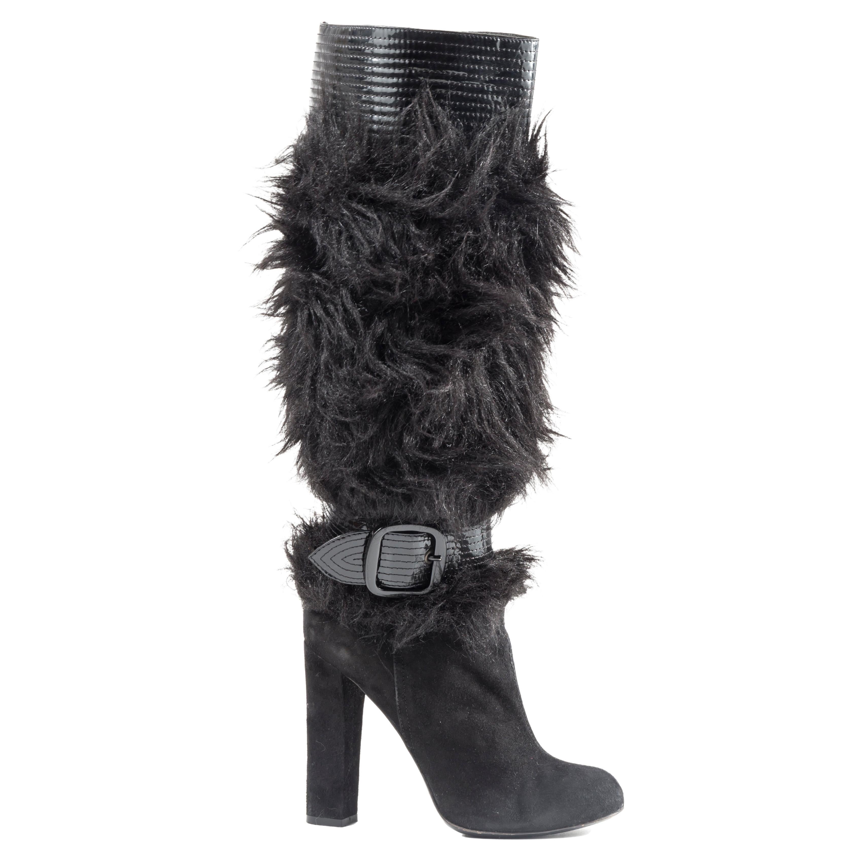 Galliano black faux fur suede boots, 2000s For Sale