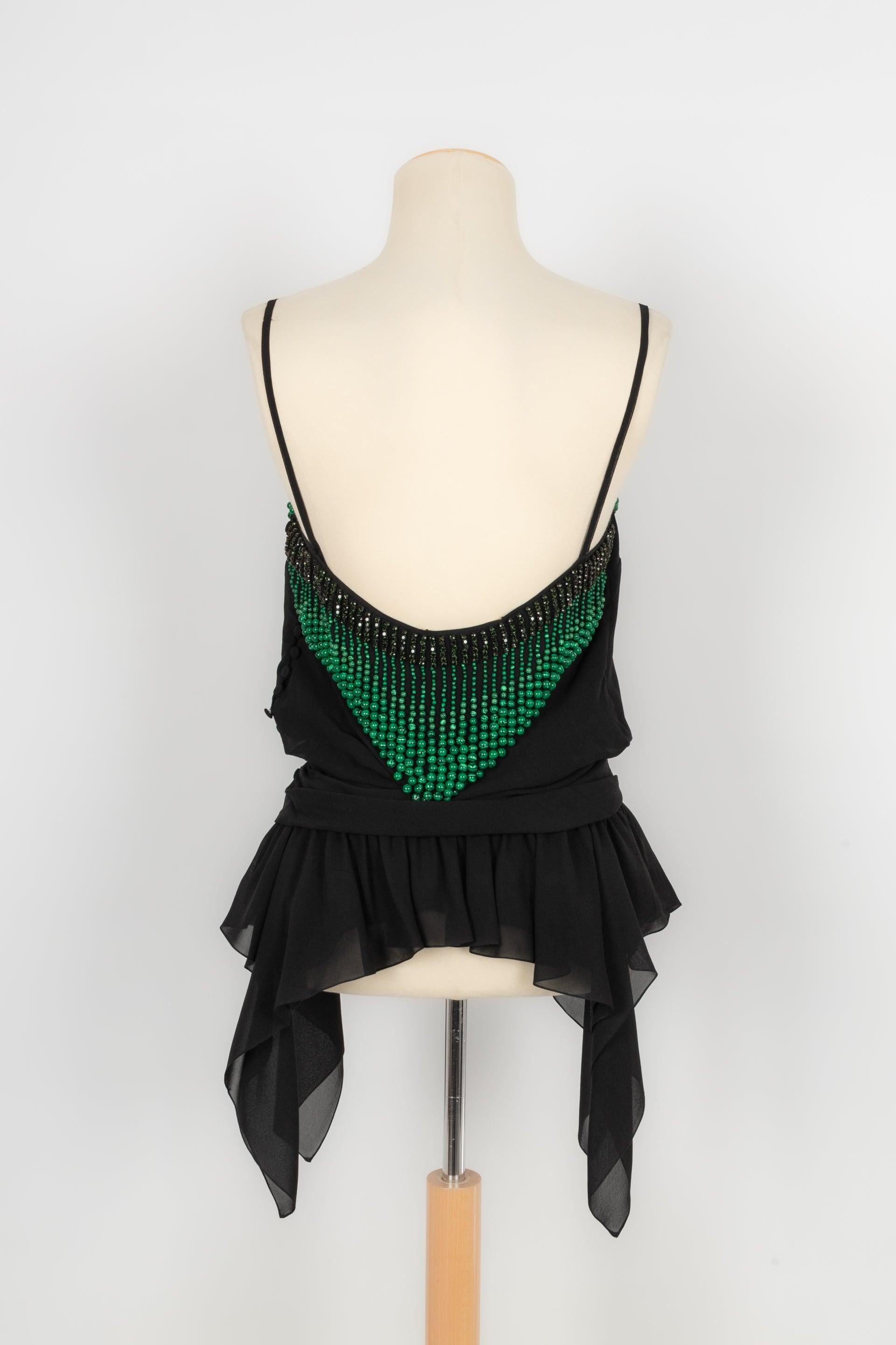 Galliano Black Top Ornamented with Pearl and Green Rhinestones In Excellent Condition For Sale In SAINT-OUEN-SUR-SEINE, FR