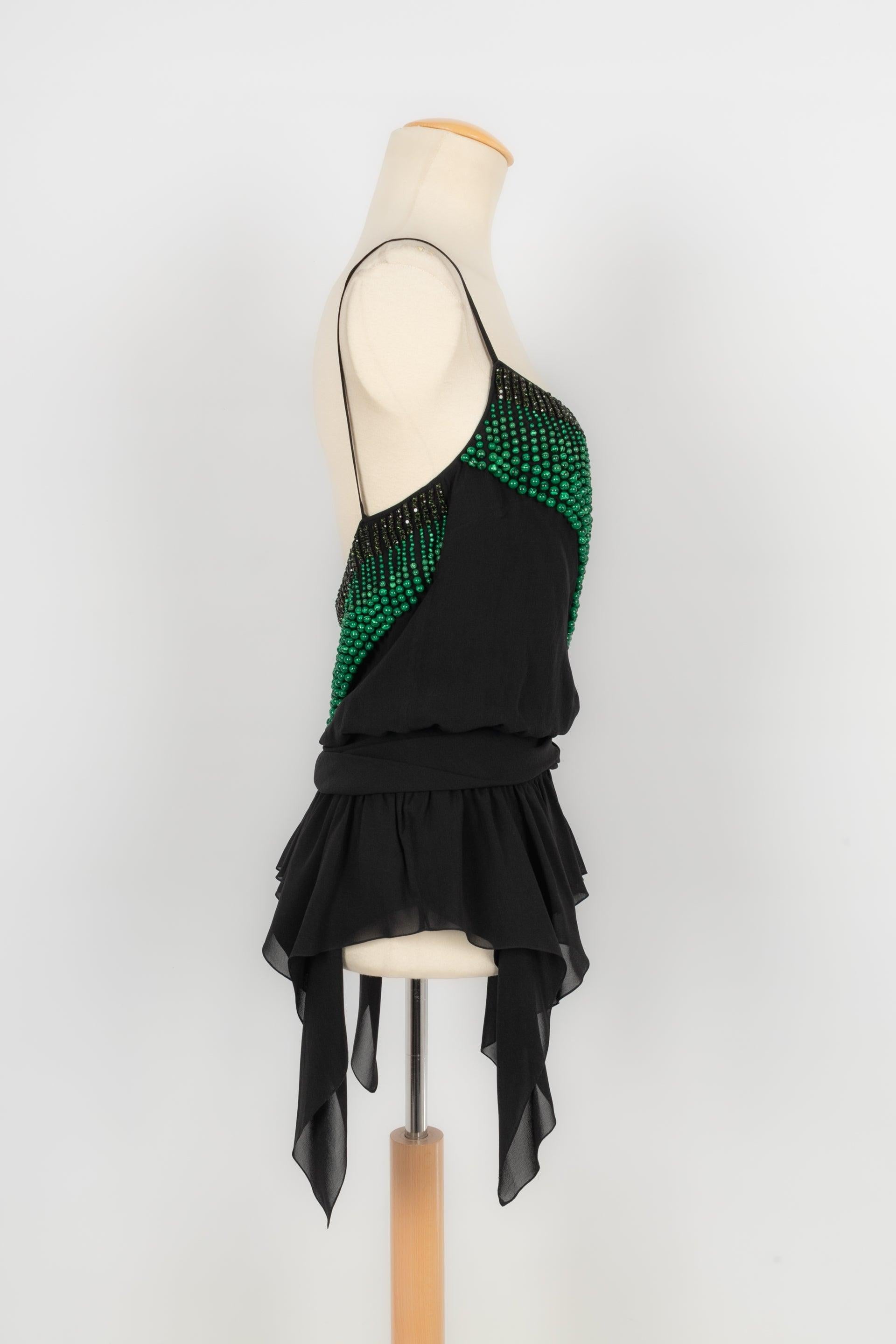 Women's Galliano Black Top Ornamented with Pearl and Green Rhinestones For Sale