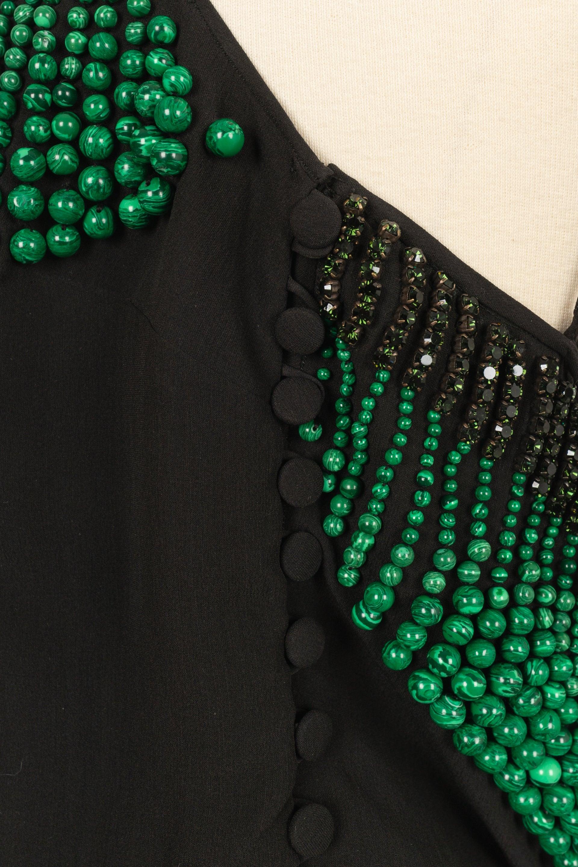 Galliano Black Top Ornamented with Pearl and Green Rhinestones For Sale 1