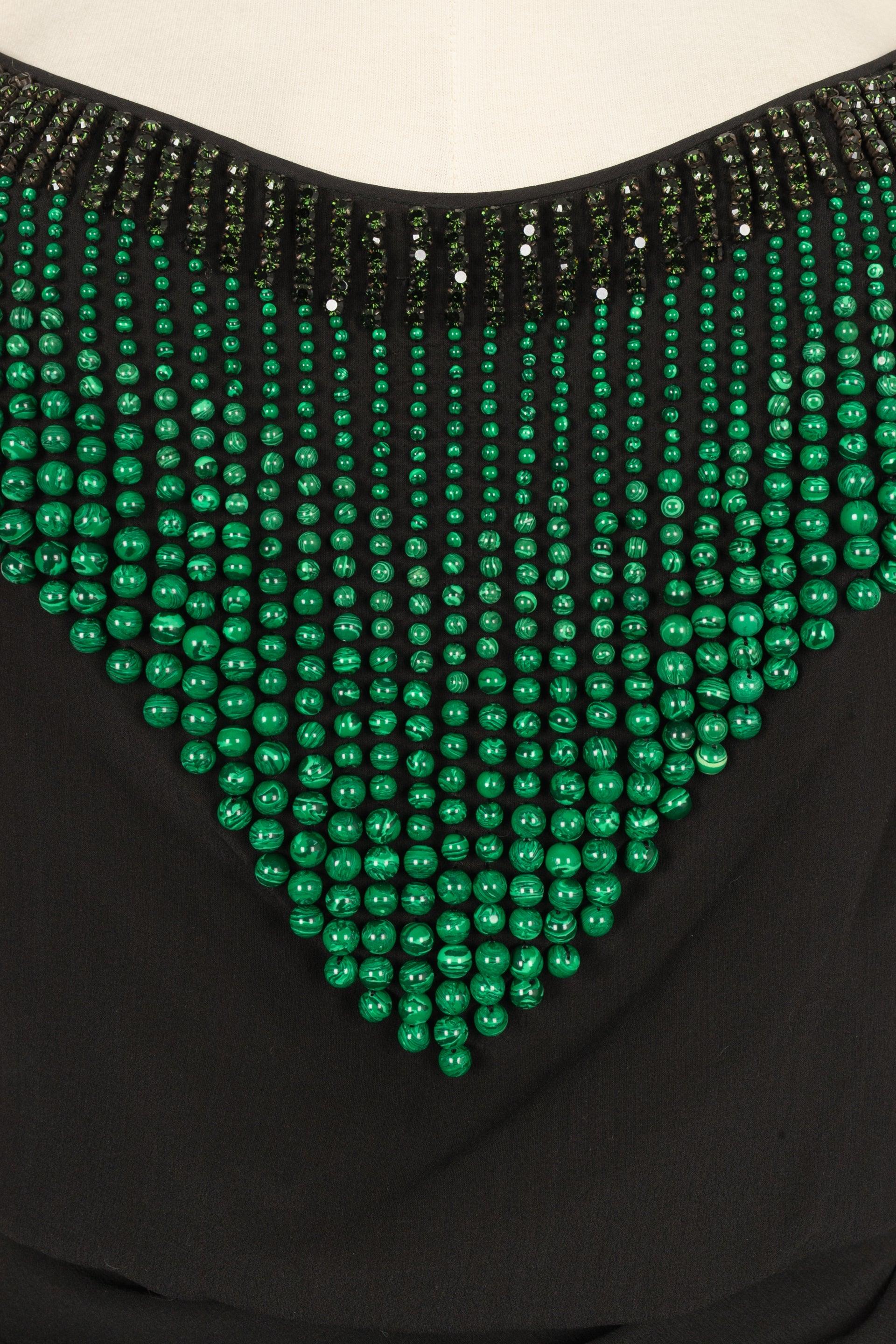 Galliano Black Top Ornamented with Pearl and Green Rhinestones For Sale 2