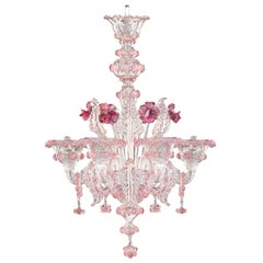 Lustre riche artistique, 6 bras en cristal et verre de Murano rose, par Multiforme