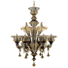 Artistic Chandelier 6arms Dark Grey and gold Murano Glass by Multiforme in stock