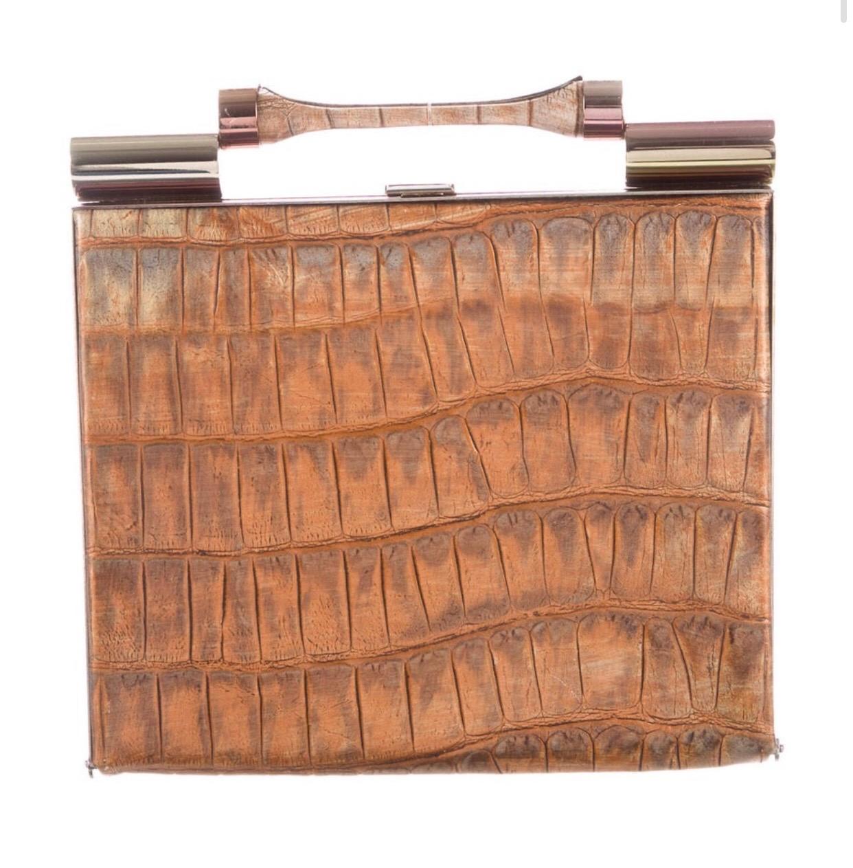 Brown Galliano Croc Embossed Leather Clutch 
