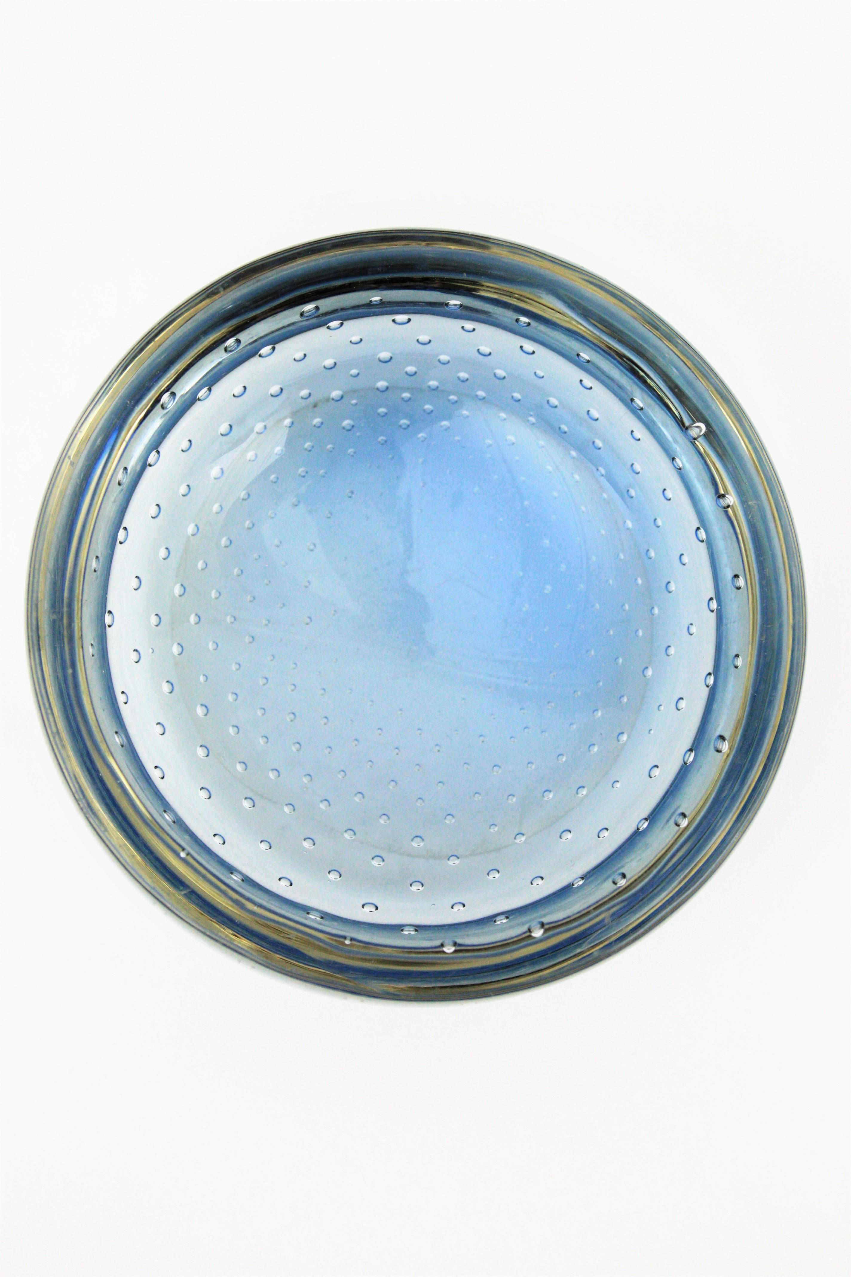 20th Century Galliano Ferro Murano Blue Sommerso Bullicante Art Glass Bowl For Sale