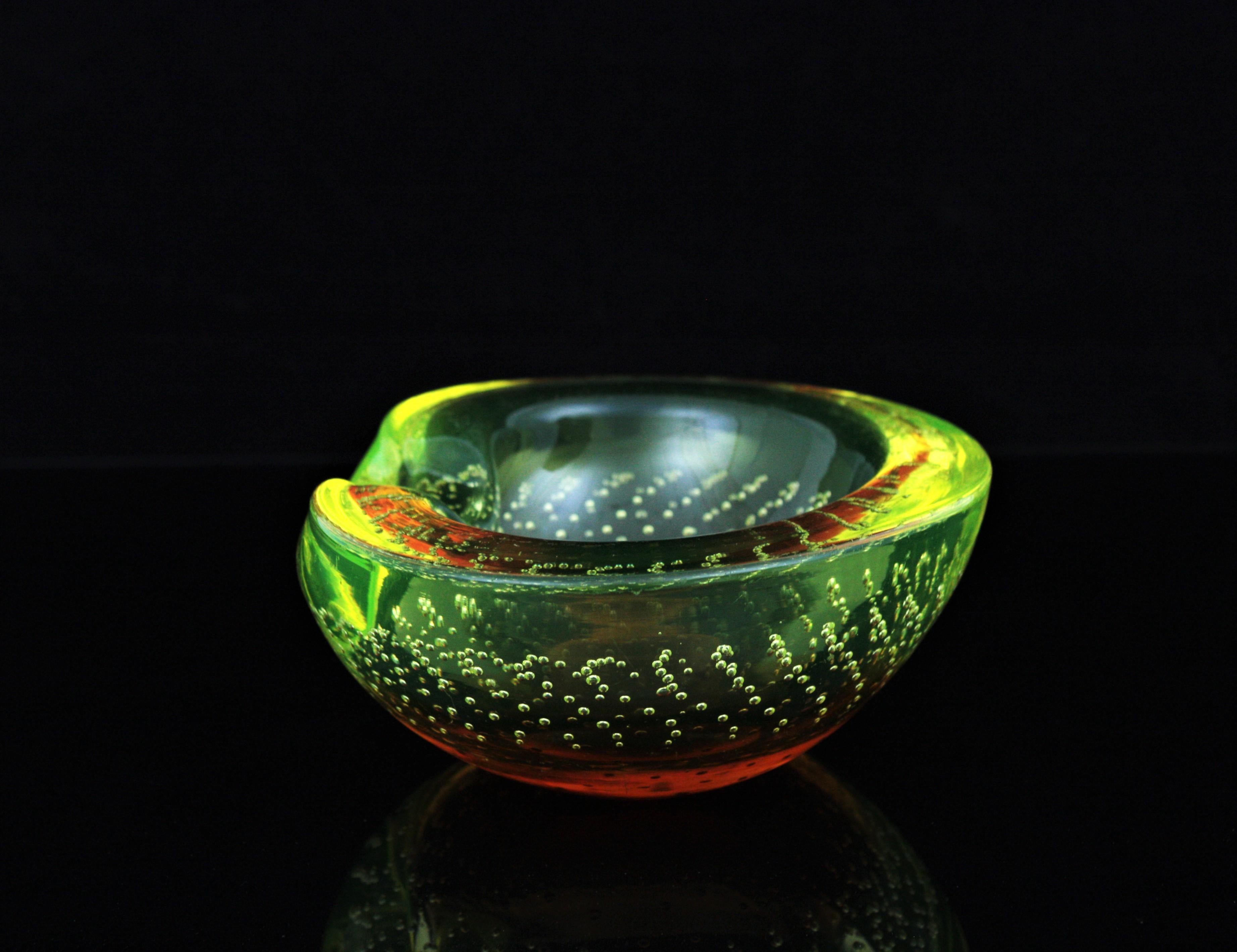20th Century Galliano Ferro Murano Yellow Amber Bullicante Glass Bowl / Ashtray For Sale