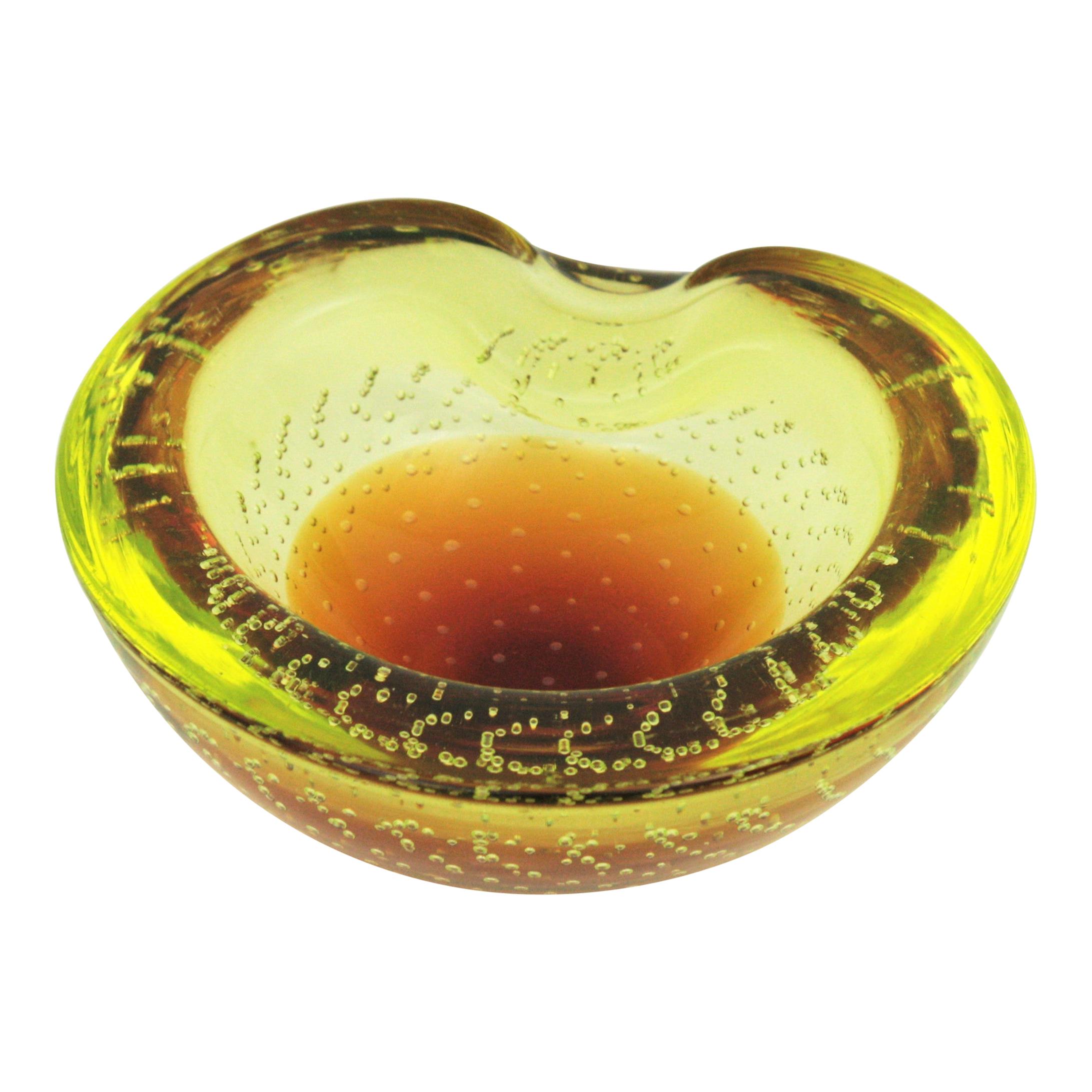 Galliano Ferro Murano Yellow and Amber Bullicante Glass Bowl / Ashtray