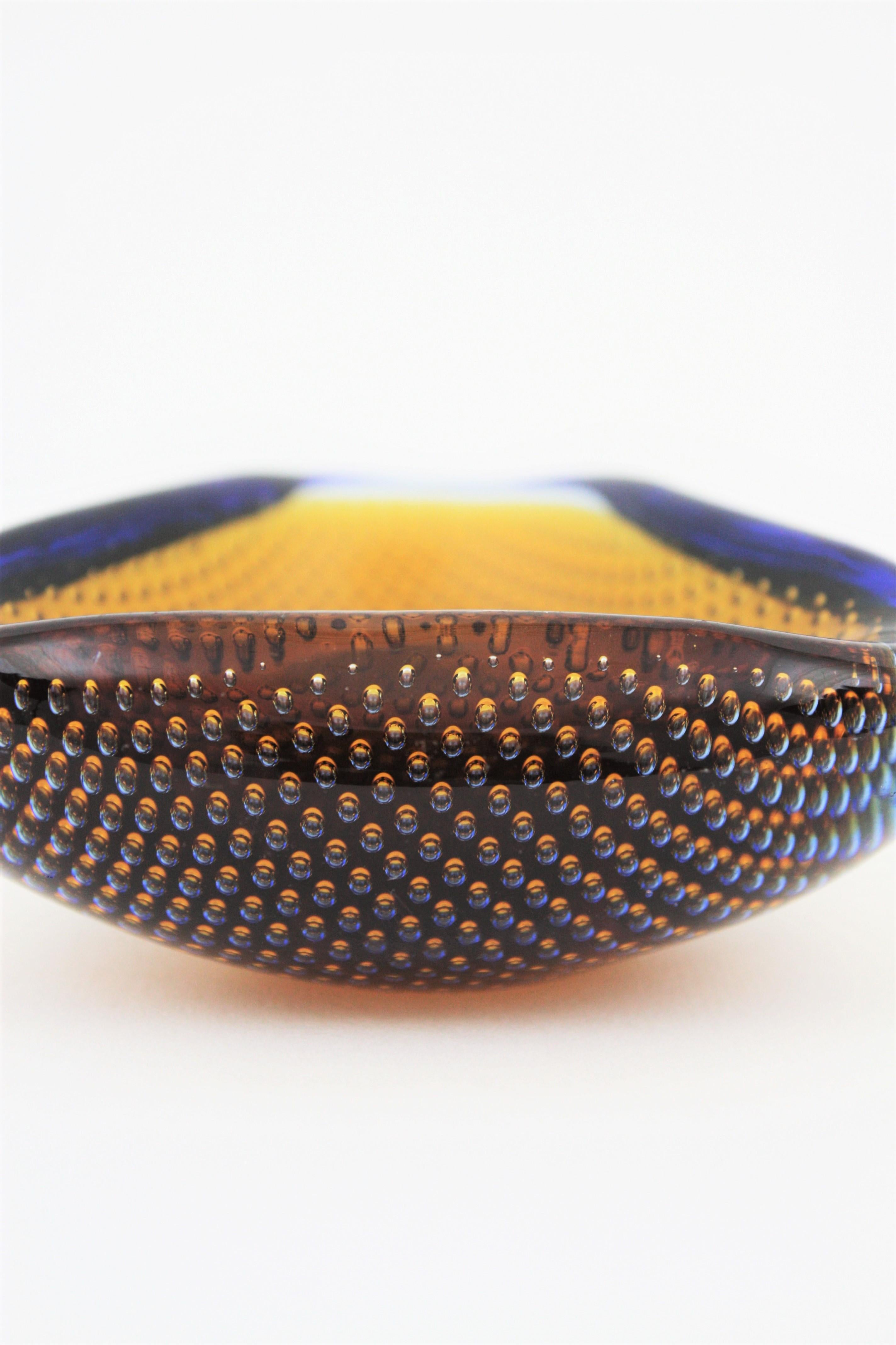 Galliano Ferro Murano Amber & Blue Bullicante Triangle Art Glass Bowl 1