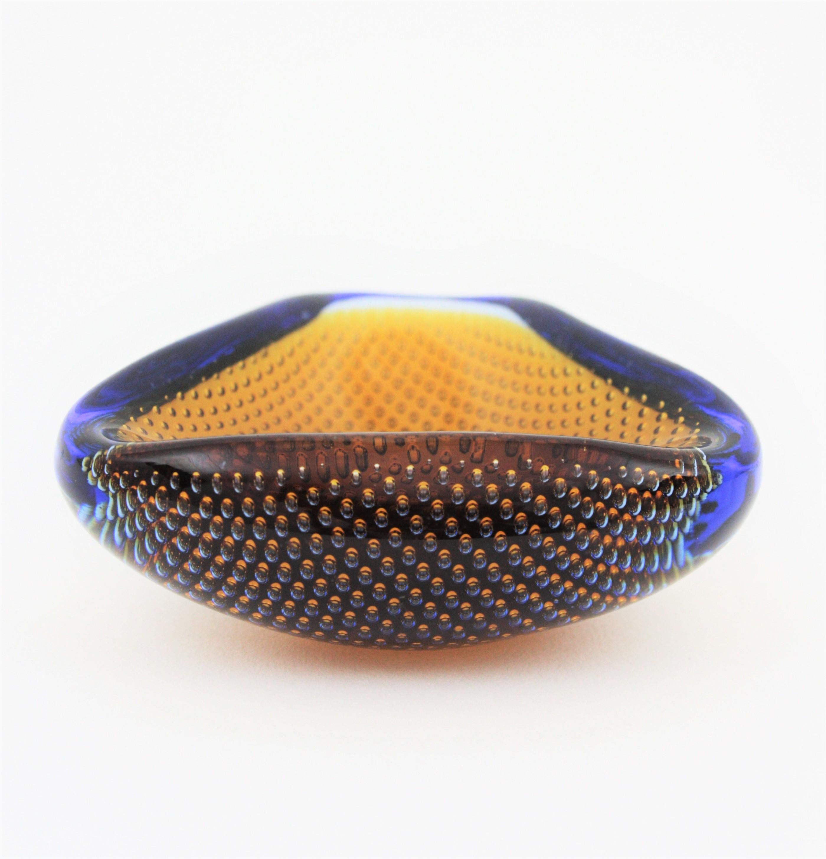 Galliano Ferro Murano Amber & Blue Bullicante Triangle Art Glass Bowl 2