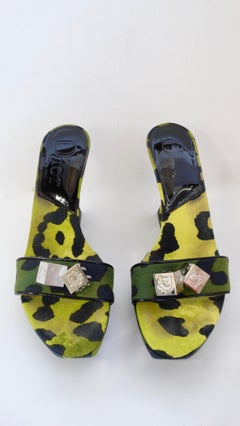 Galliano for Dior 2000s Green Leopard Print Gambler Wedges
