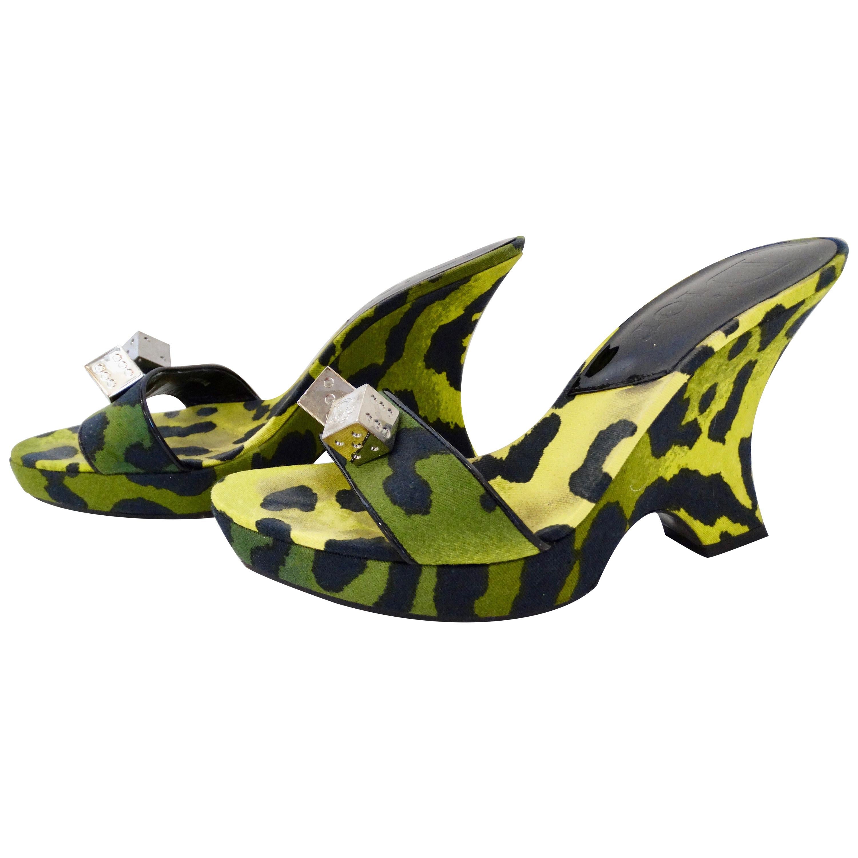 Galliano for Dior 2000s Green Leopard Print Gambler Wedges