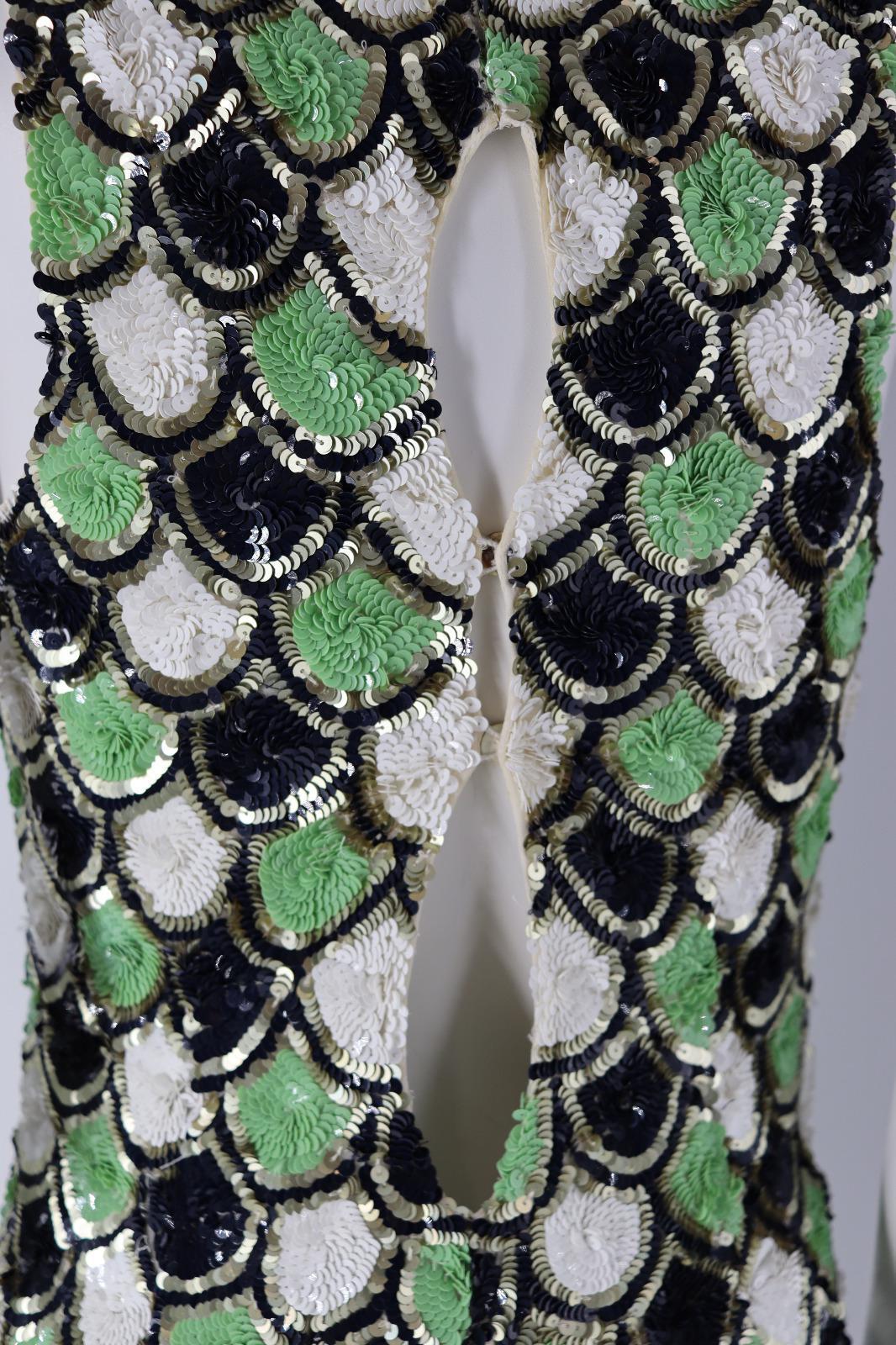 Galliano Green Black And White Dress Sequins In Good Condition In PARIS, FR