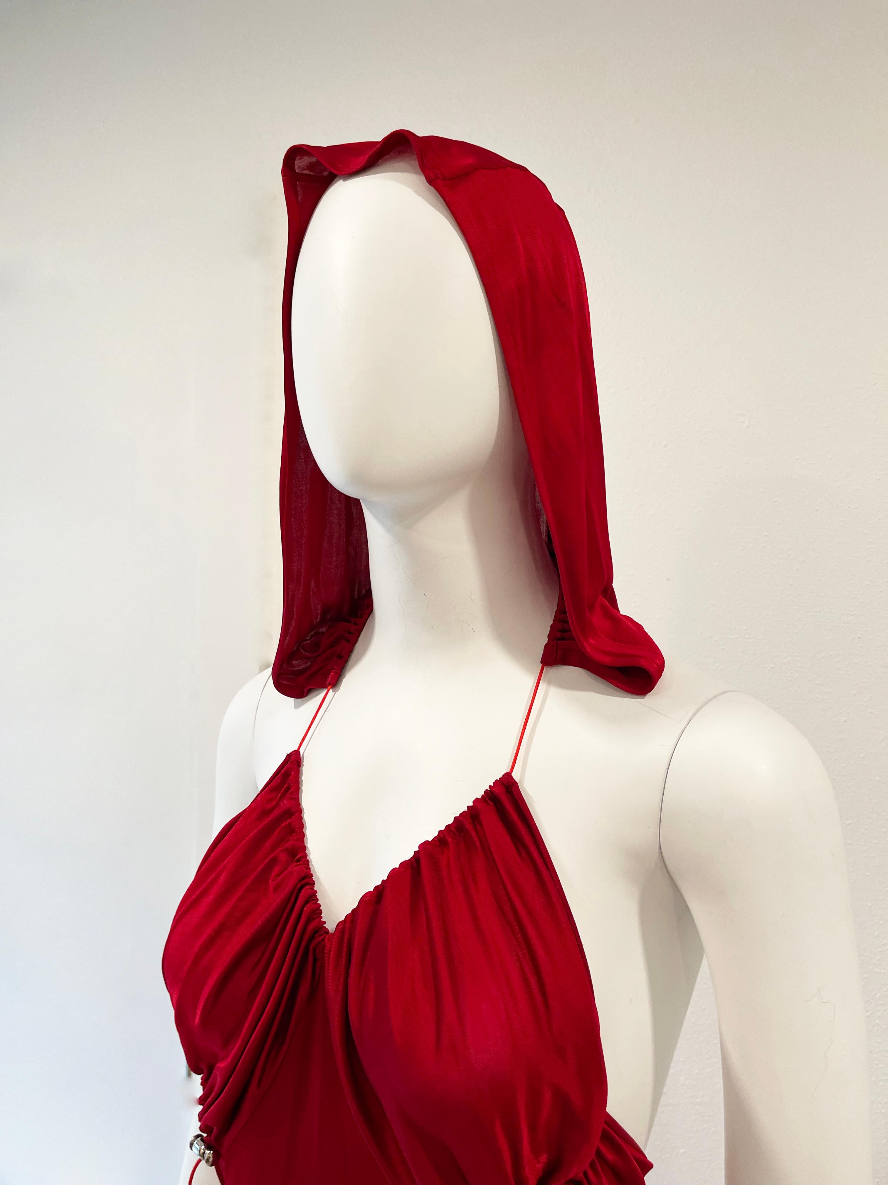 Galliano Hooded Red Evening Gown.  Two side slits. Drawstring halter attached to hood. Has stretch
Condition: Excellent
size s / m 

