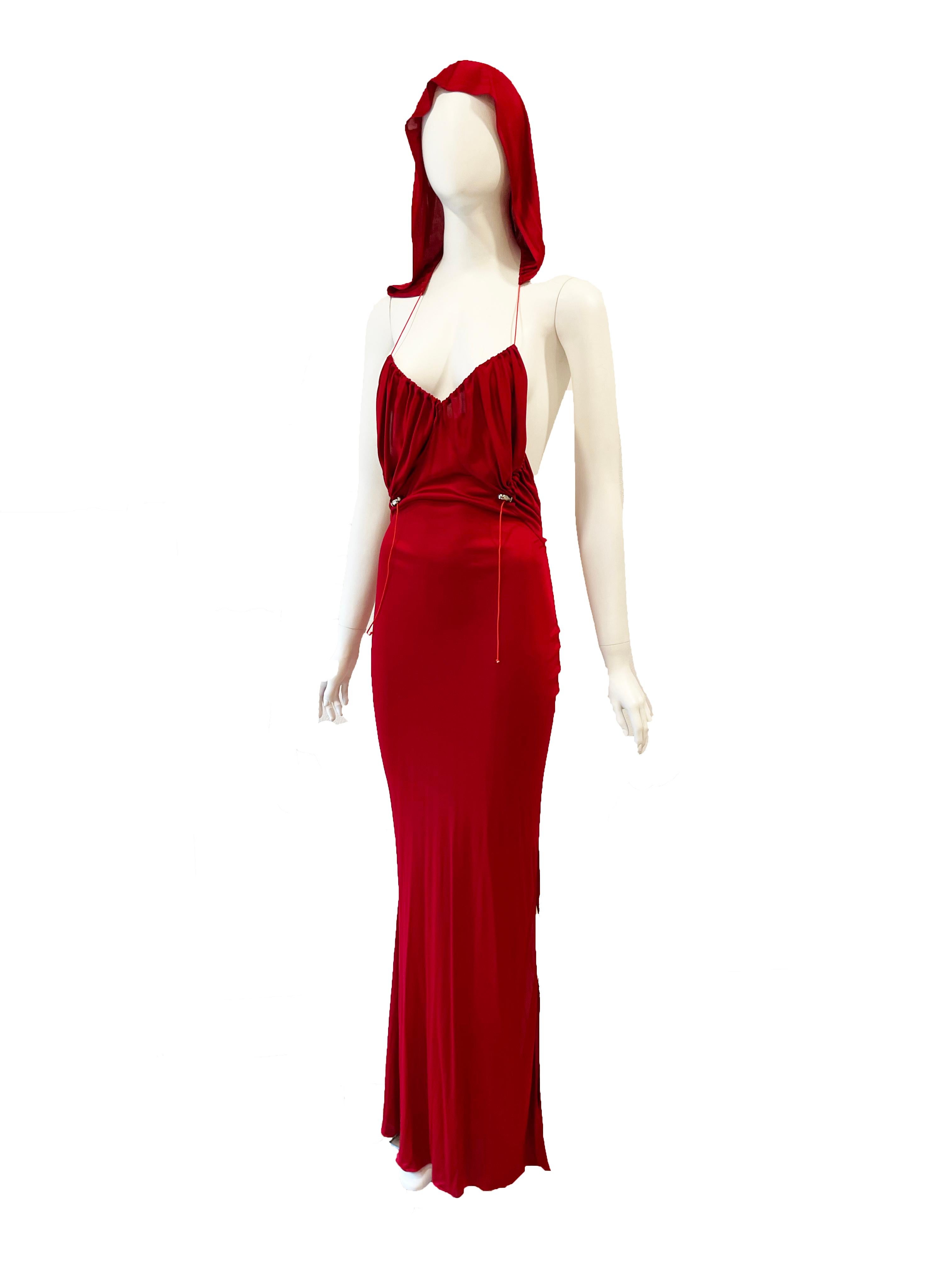 Red Galliano Hooded Evening Gown 