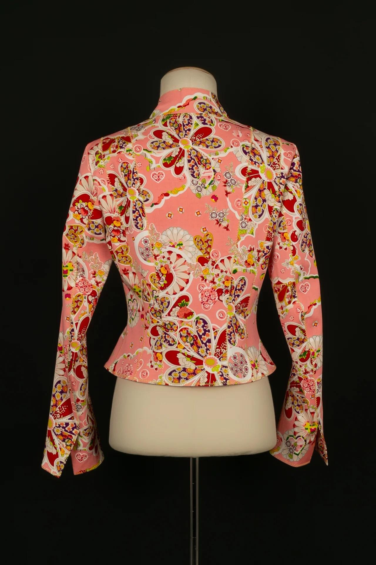 Galliano Pink Cotton Jacket Printed with Flowers In Excellent Condition For Sale In SAINT-OUEN-SUR-SEINE, FR
