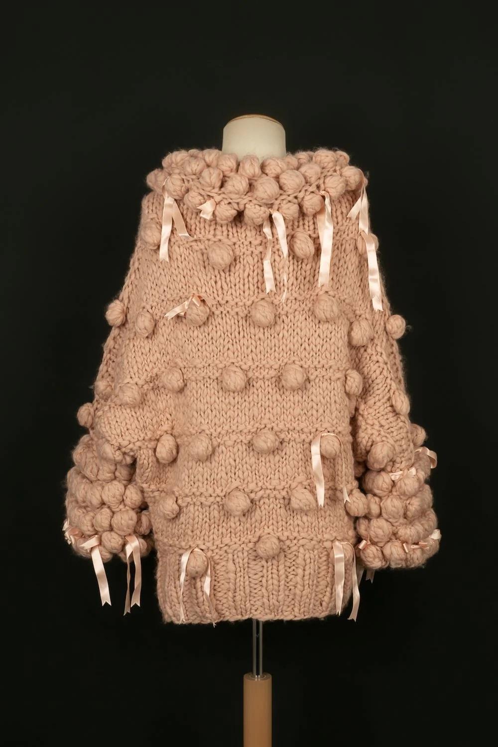 Women's Galliano Pink Wool Sweater with Pompoms and Ribbons
