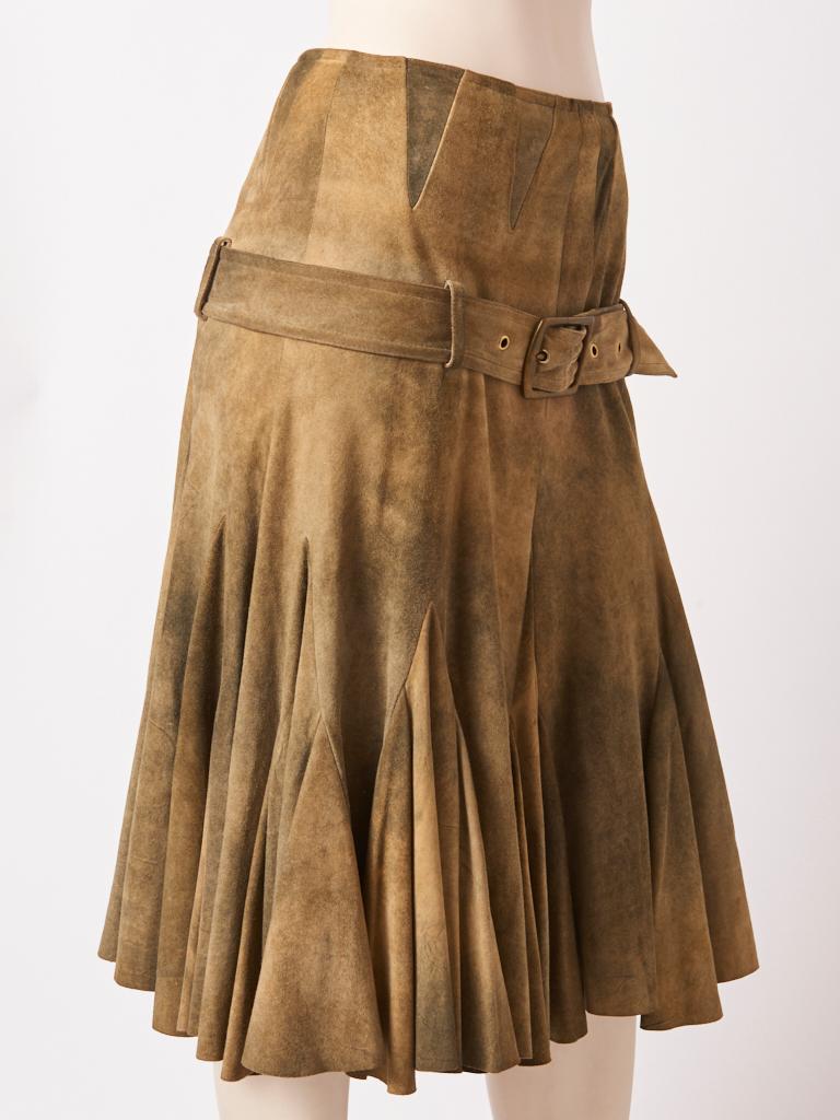 John Galliano, neutral tones, tie dyed, suede, gored, skirt, having a belt at the lower hip..