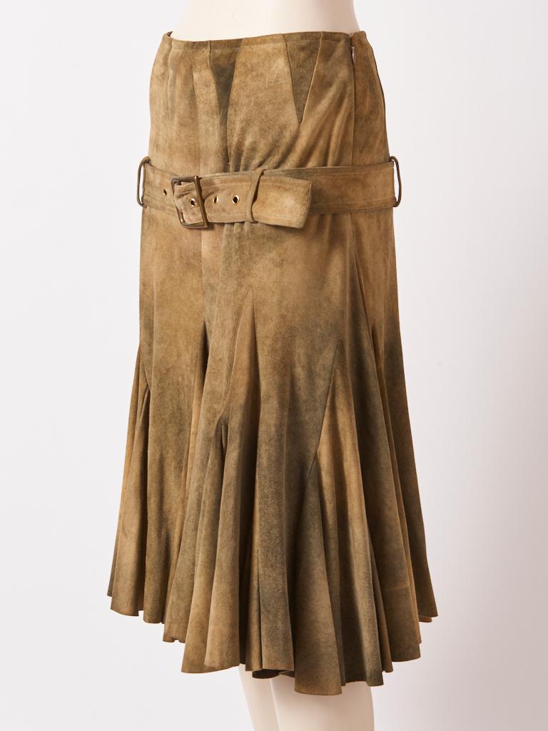Brown Galliano TIe-Dye Suede Skirt with Hip Belt