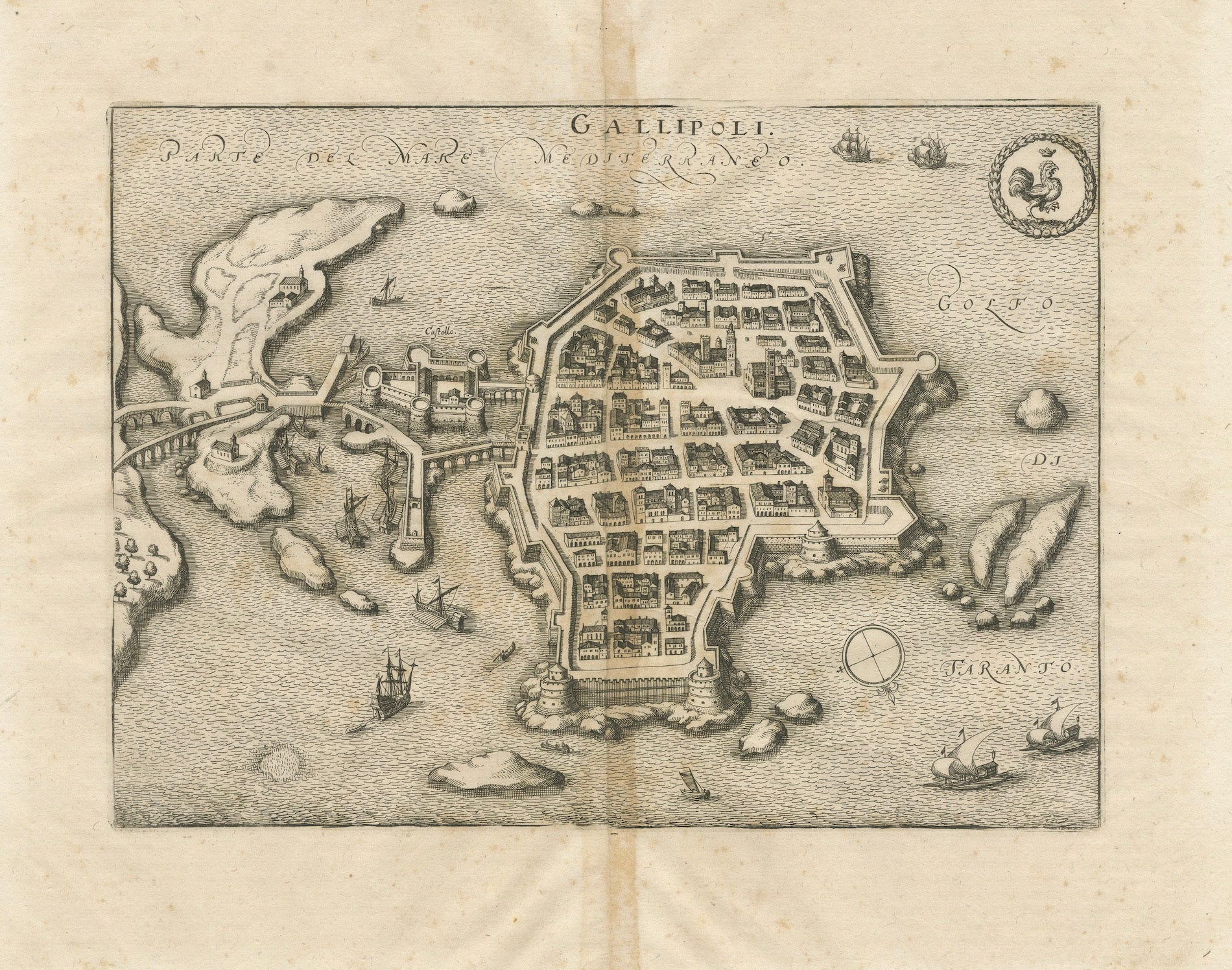 Fortificaciones de Galípoli: Un mapa a vista de pájaro de 1688 por Mattheus Merian

Descripción: Este mapa de Gallipoli, exquisitamente detallado, realizado por el renombrado grabador Mattheus Merian, ofrece una perspectiva única a vista de pájaro