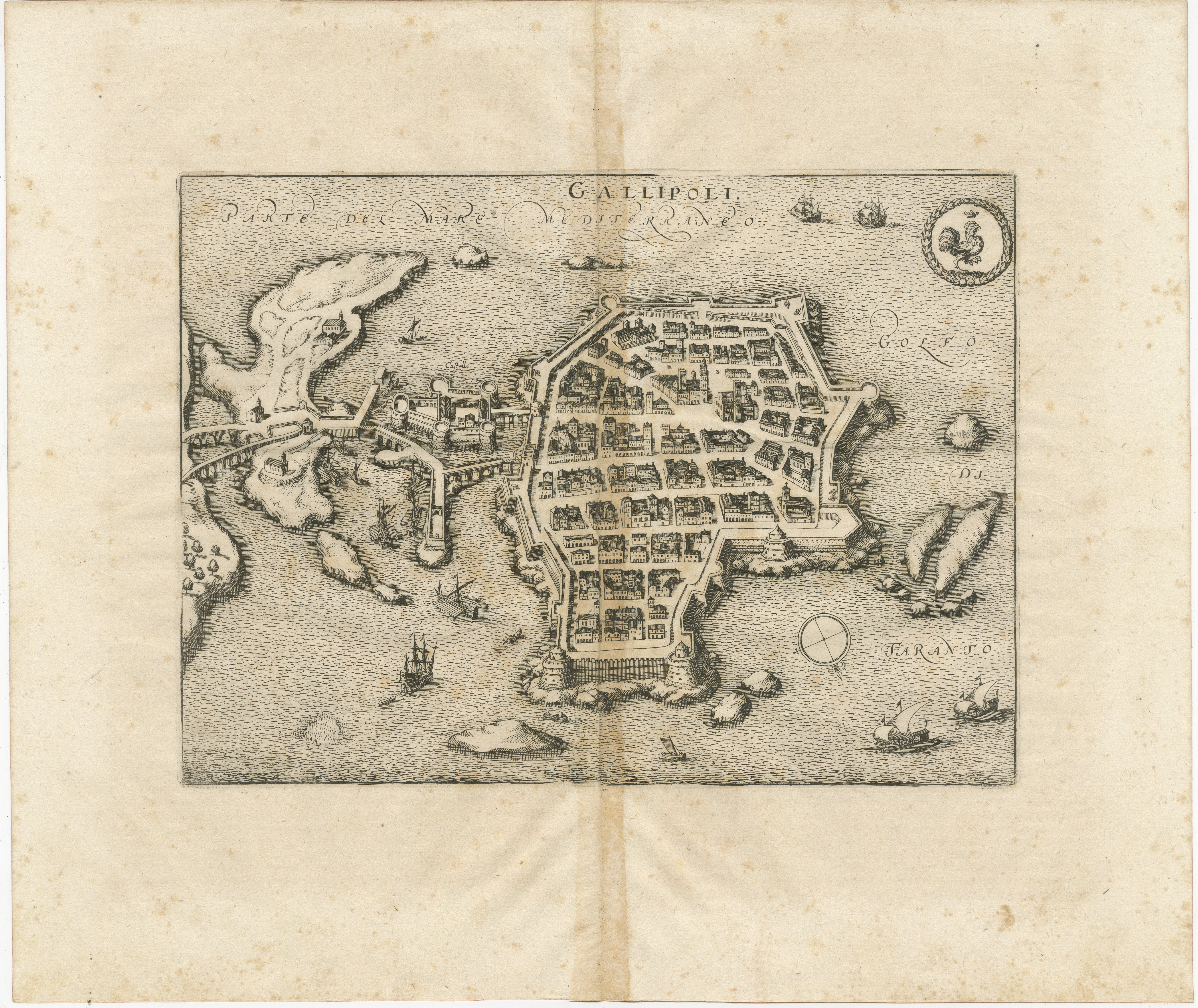 Fortificaciones de Galípoli: Un mapa a vista de pájaro grabado en 1688 por Mattheus Merian Grabado en venta