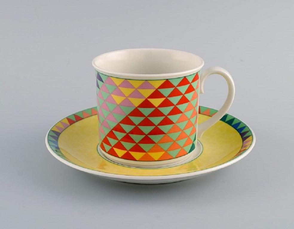Gallo Design, Germany. Pamplona coffee service for five people. 
Colorful decoration. Late 20th century.
Consisting of five coffee cups with saucers and five cake plates.
The cup measures: 8.5 x 7.5 cm.
Saucer diameter: 16.5 cm.
Plate diameter: