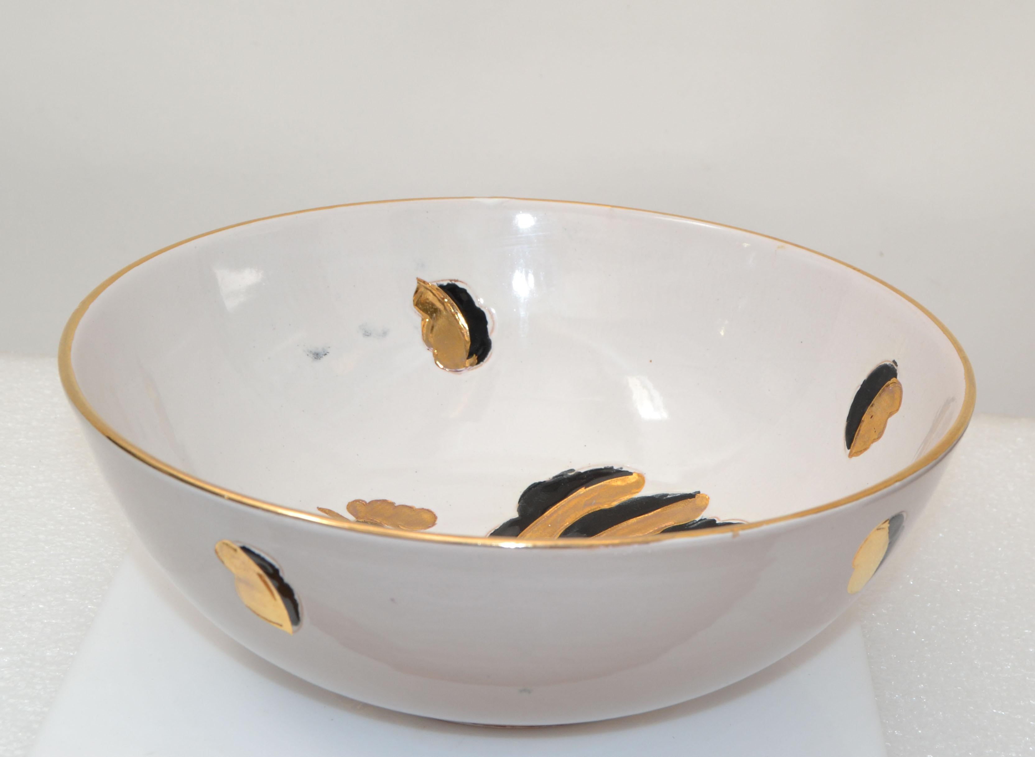 Gallo D'Oro, Italien, Vintage, handbemalte Servierschale aus Keramik in Gold, Schwarz und Weiß (Handgefertigt) im Angebot
