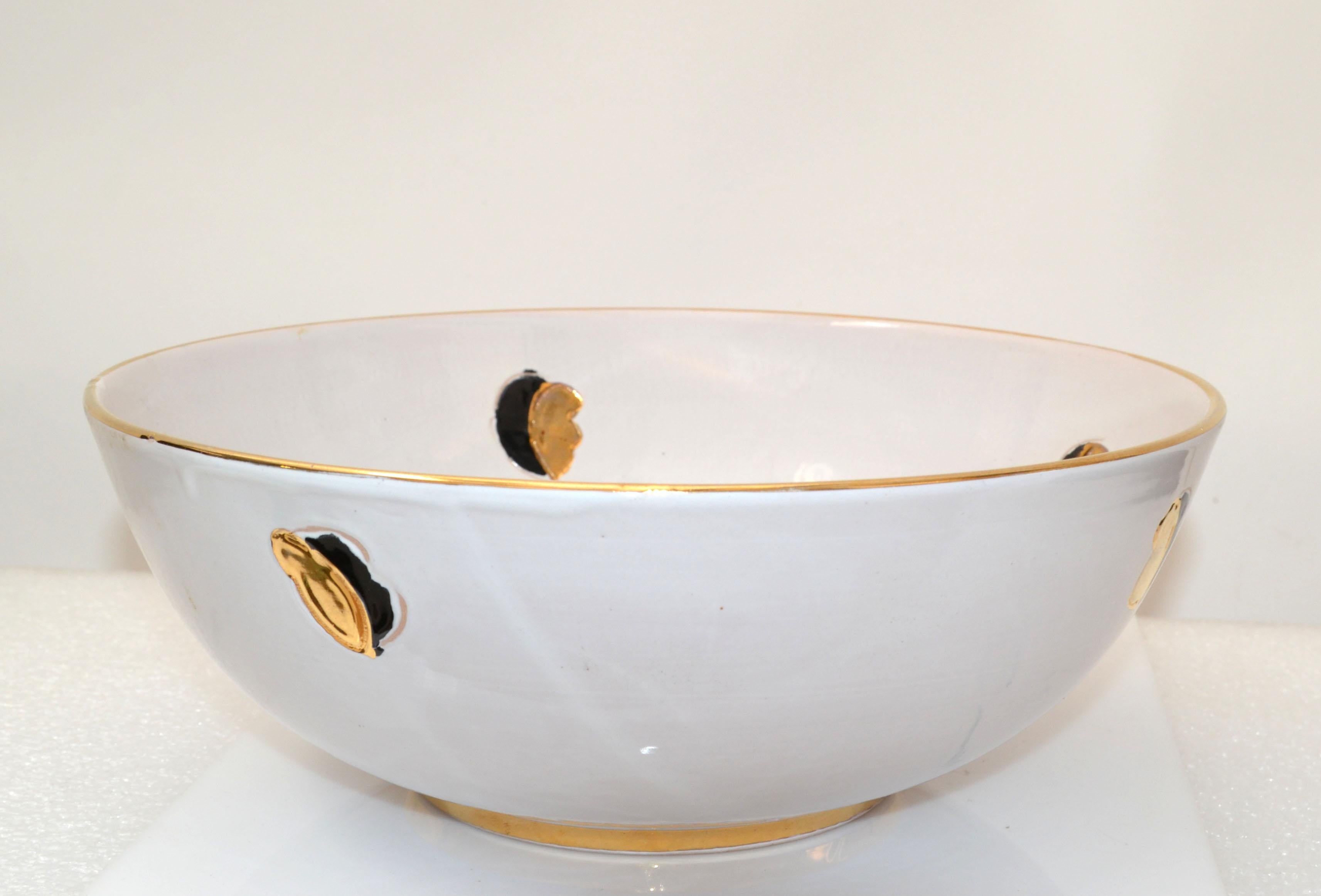 Mid-Century Modern Gallo D'Oro Italy Vintage Hand Painted Ceramic Gold, Black & White Serving Bowl For Sale