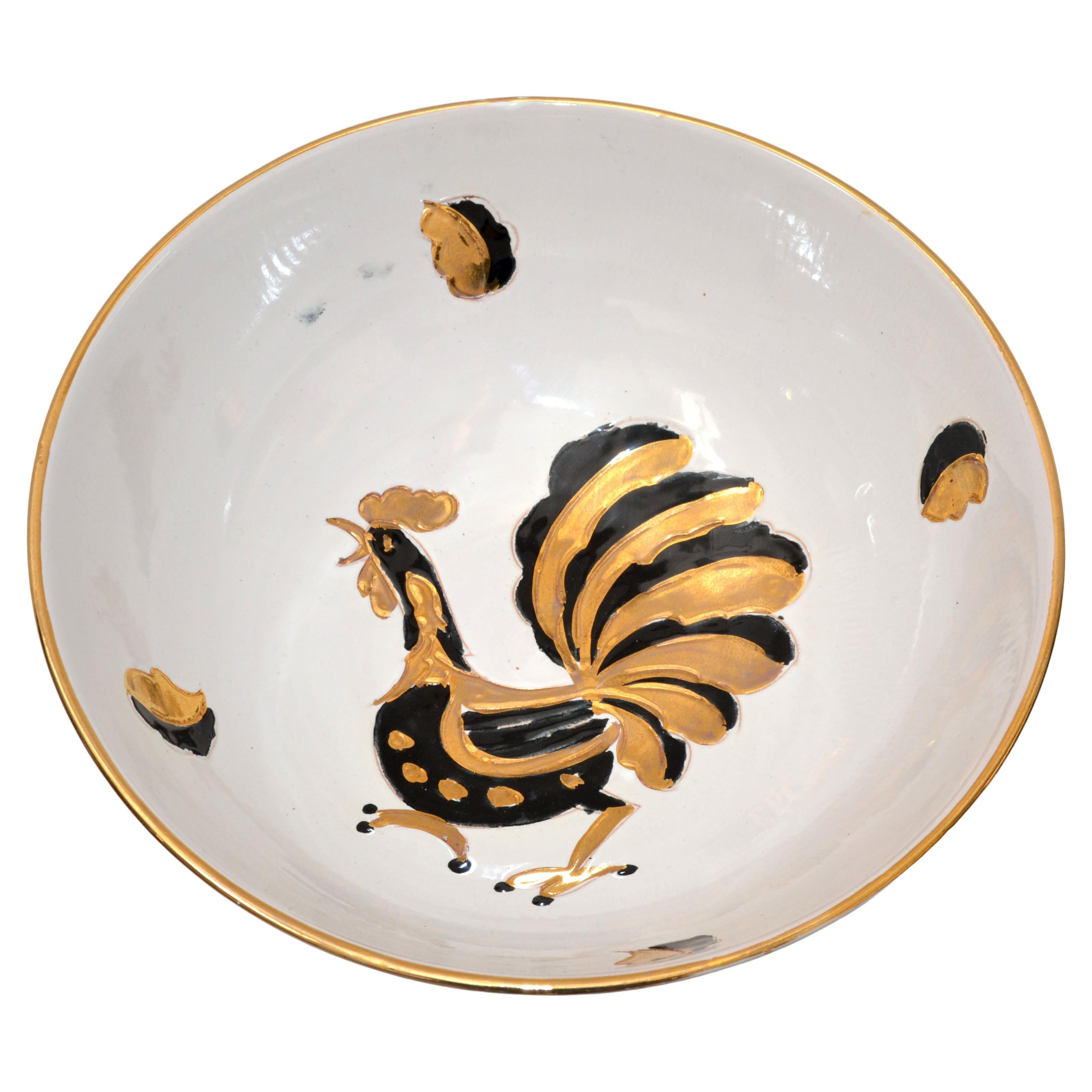 Gallo D'Oro Italy Vintage Hand Painted Ceramic Gold, Black & White Serving Bowl For Sale