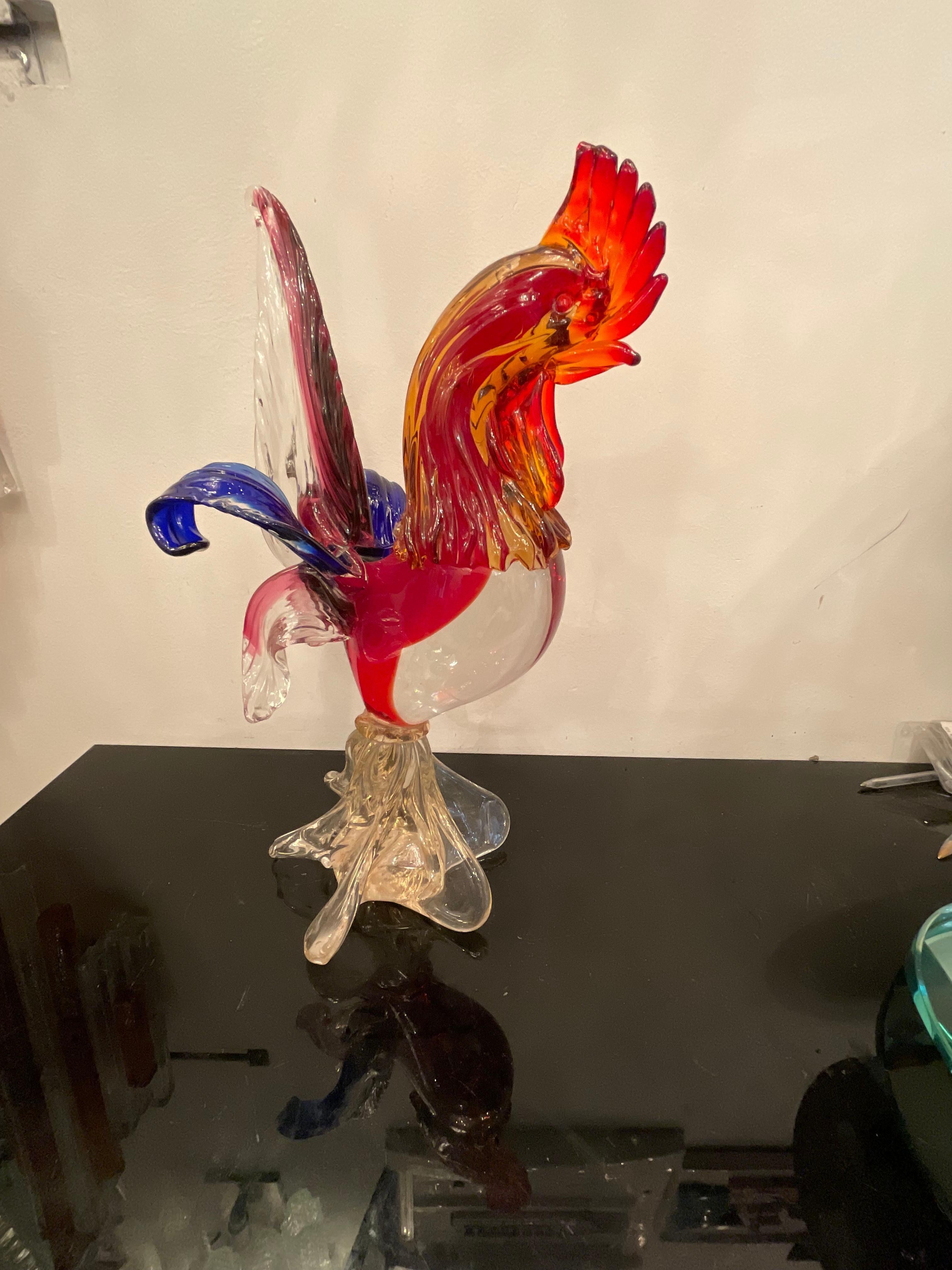 A polychrome murano glass rooster, from the 1950s, attributed to the firm SEGUSO and designed by Flavio POLI