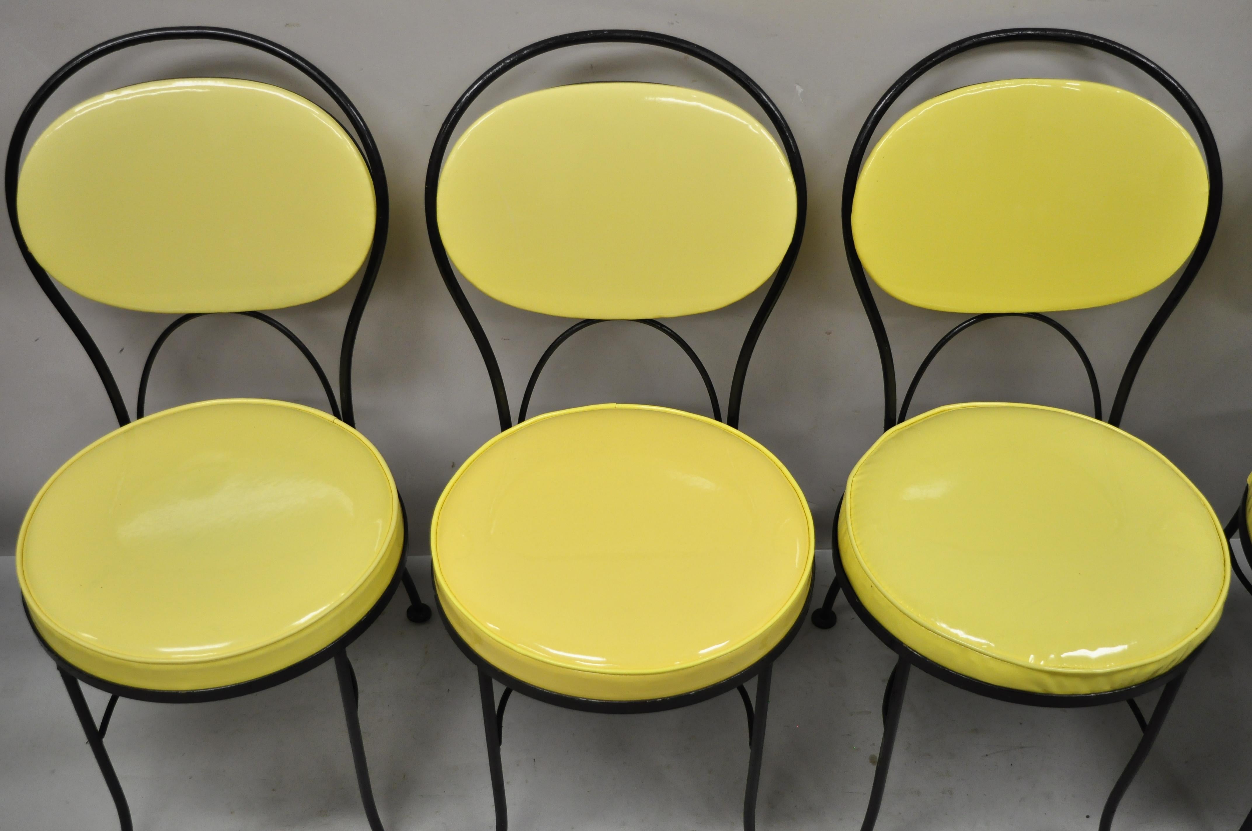 20th Century Gallo Iron Works Wrought Iron Yellow Vinyl Modern Bistro Dining Chair, Set of 4 For Sale