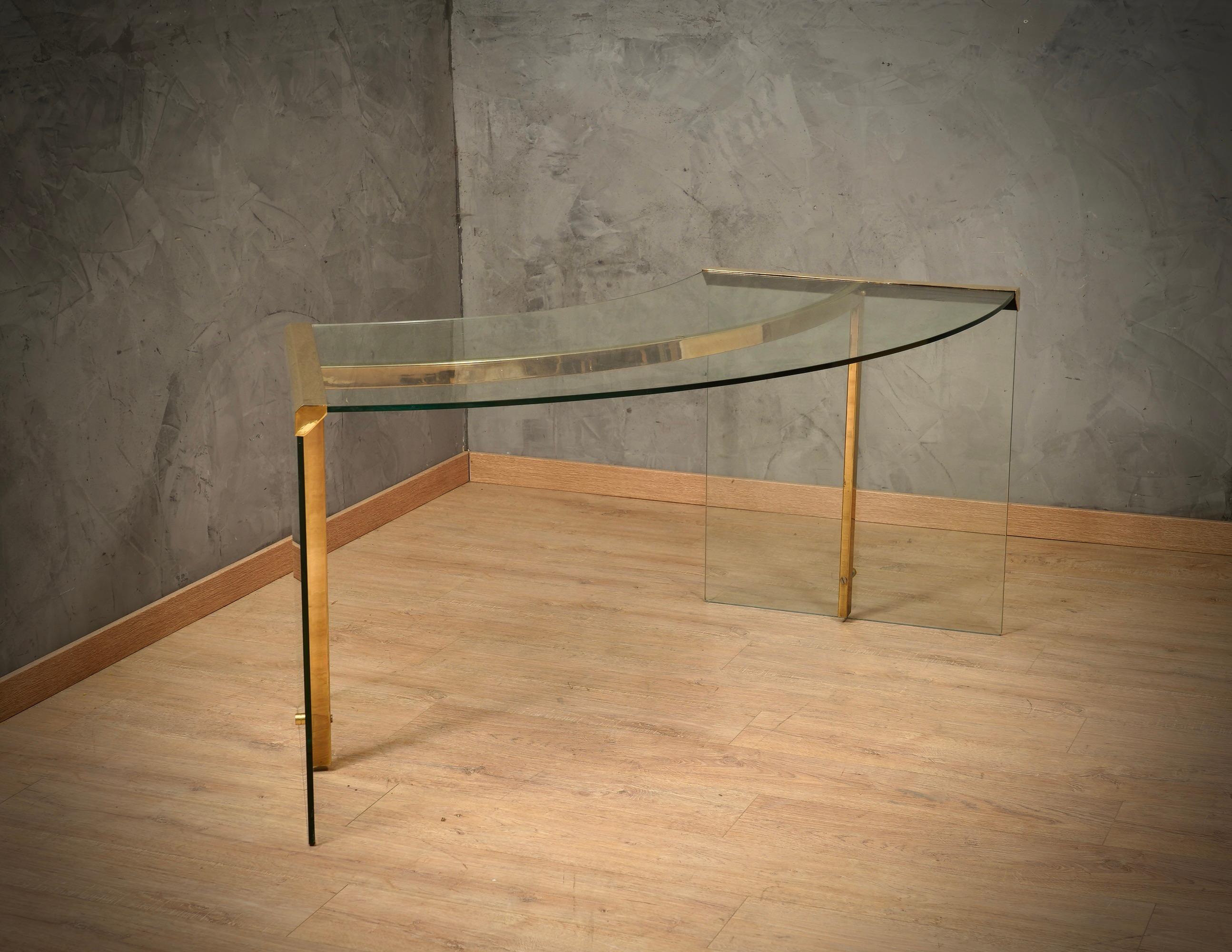 Gallotti e Radice Glass and Brass Italian Curved Desk Writing Table, 1970 1