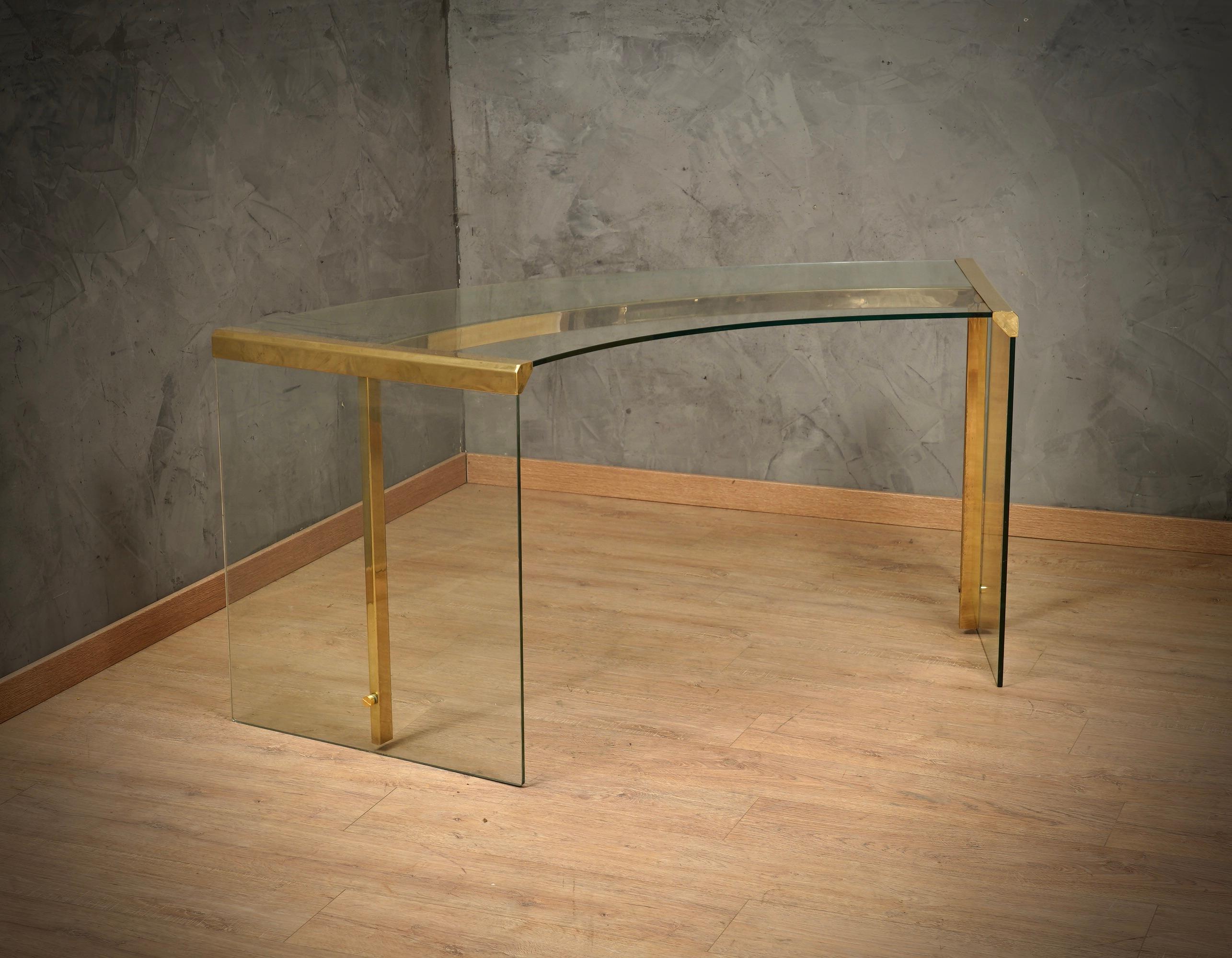 Gallotti e Radice Glass and Brass Italian Curved Desk Writing Table, 1970 3