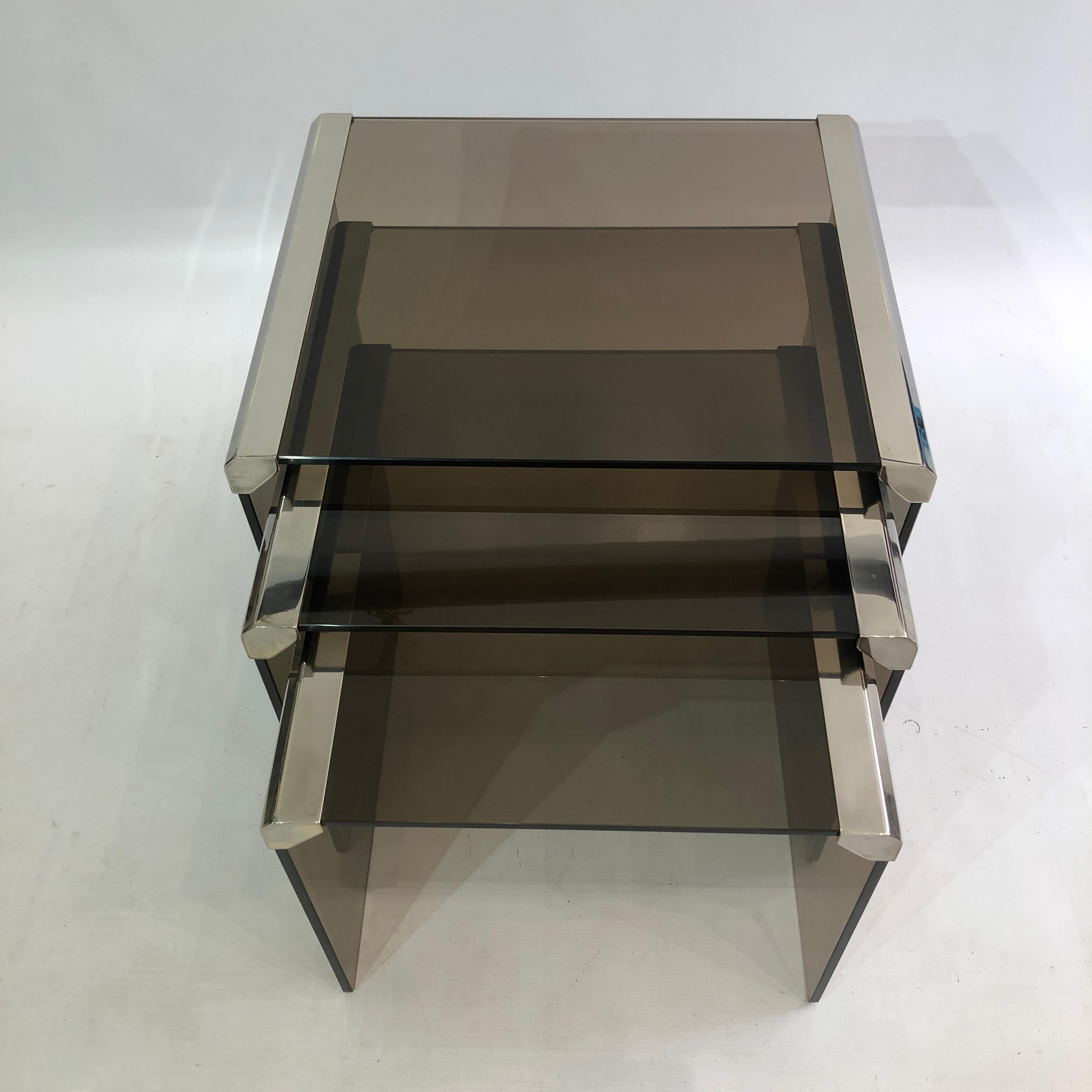 Gallotti & Radice Chrome Smoked Glass Nesting Tables 1980s Coffee Vintage Retro In Good Condition In London, GB