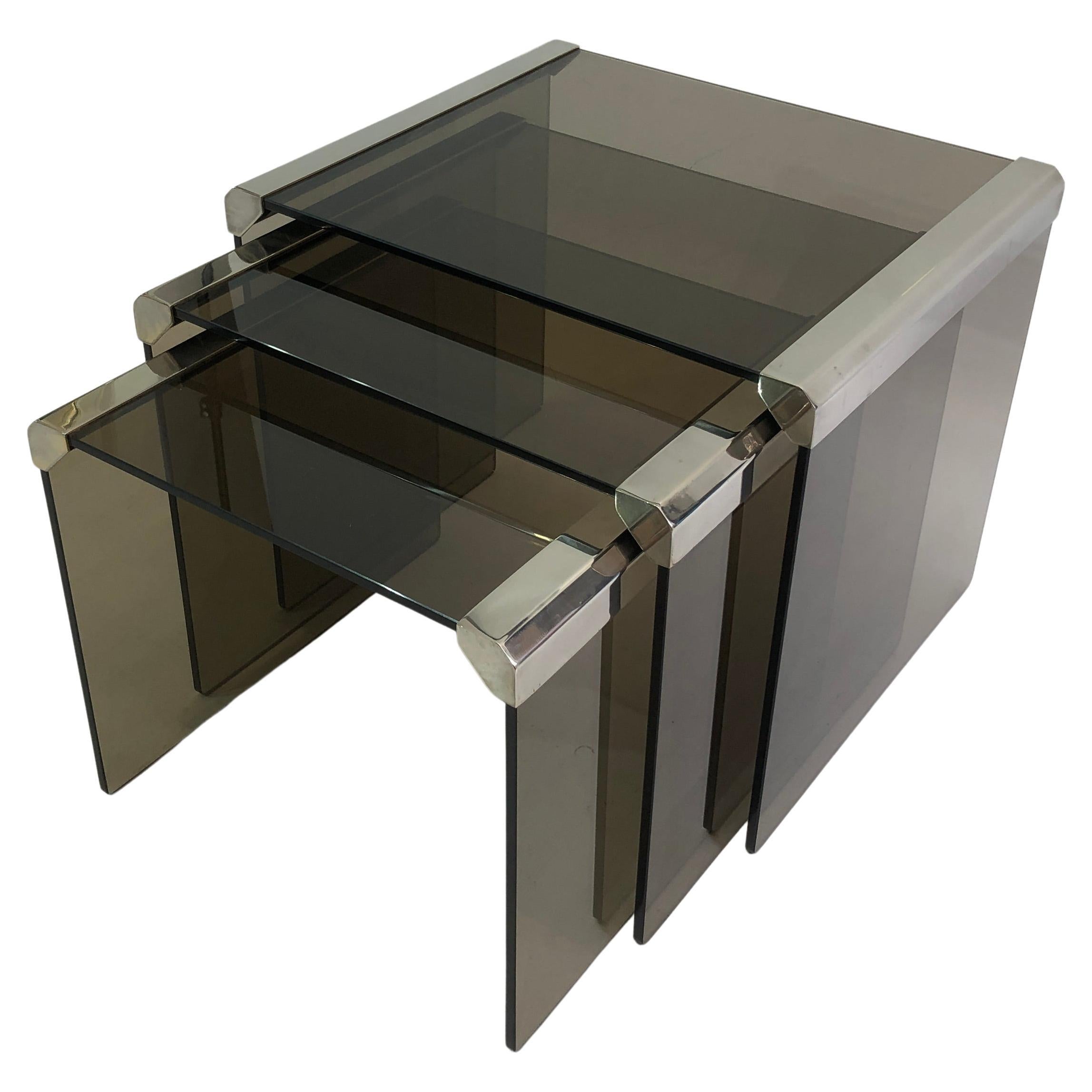 Gallotti & Radice Chrome Smoked Glass Nesting Tables 1980s Coffee Vintage Retro