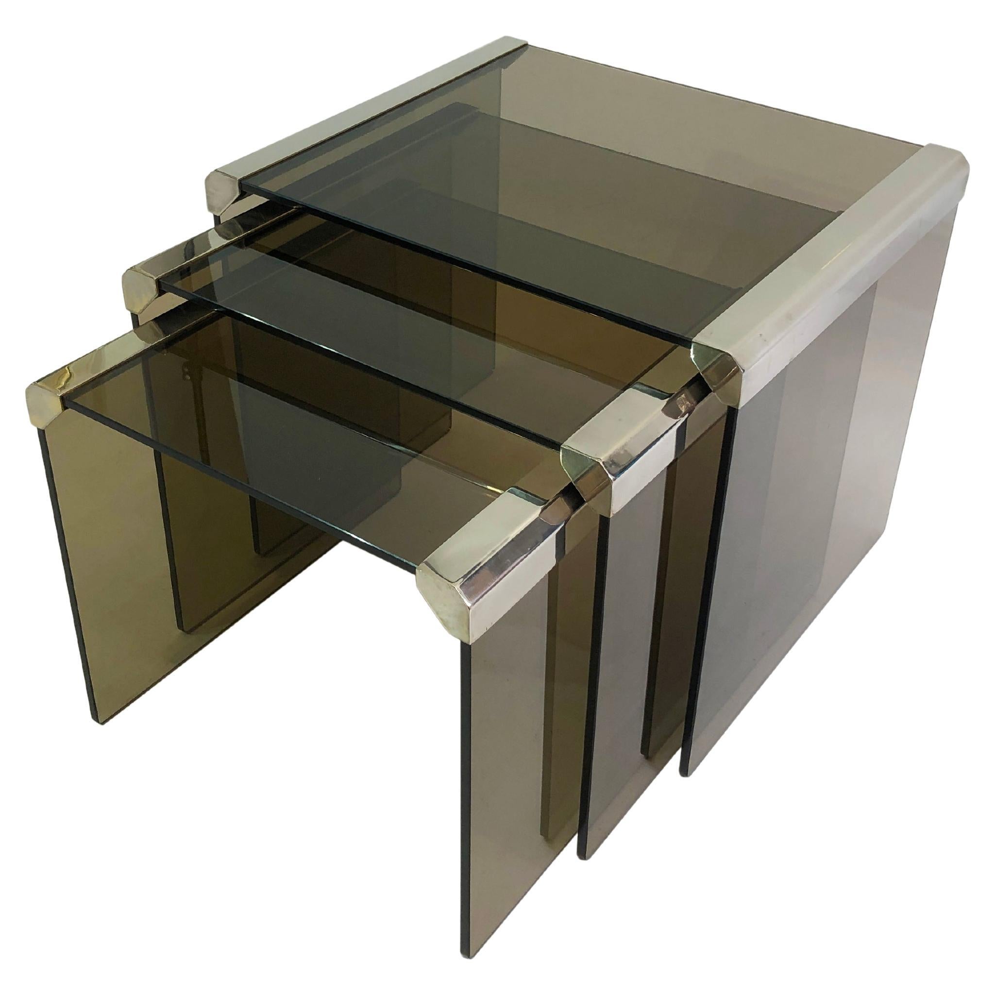 Gallotti & Radice Mesas nido de cristal ahumado cromado años 80 Café Vintage Retro