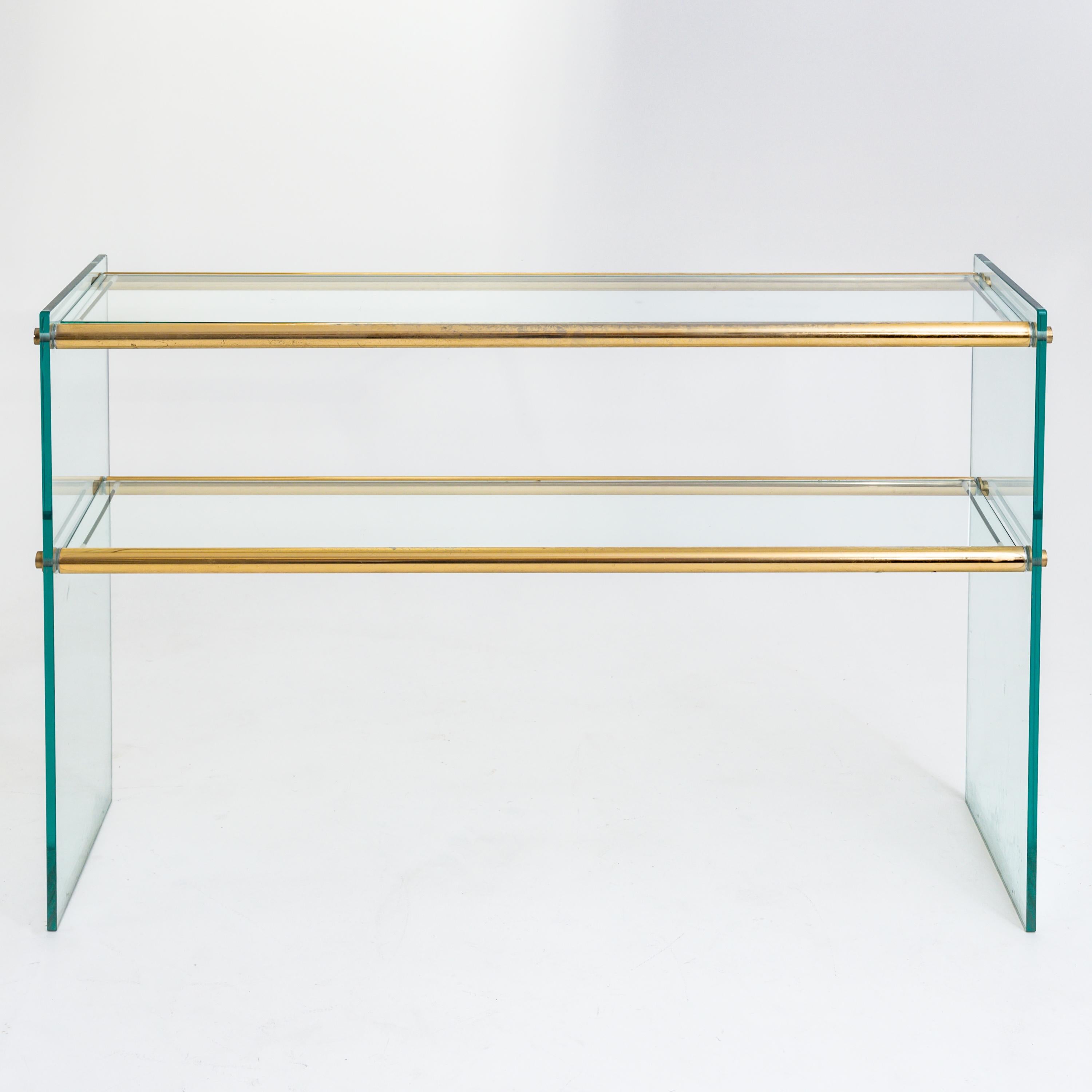 Console table by Gallotti e Radice made of glass panels with two shelves and brass-plated metal struts.