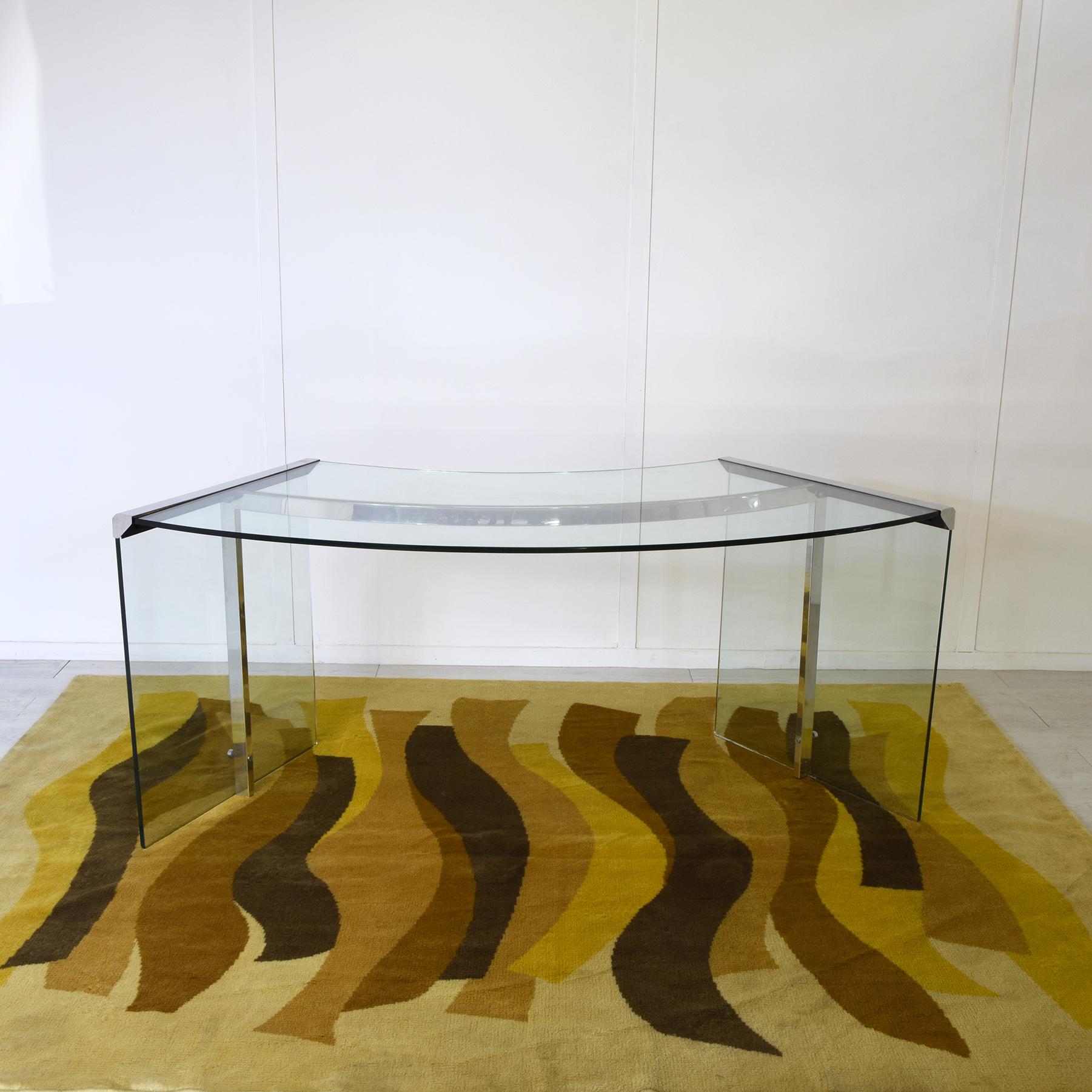 Scrivania curva Gallotti & Radice modello President in cristallo e struttura in acciaio anni 70.