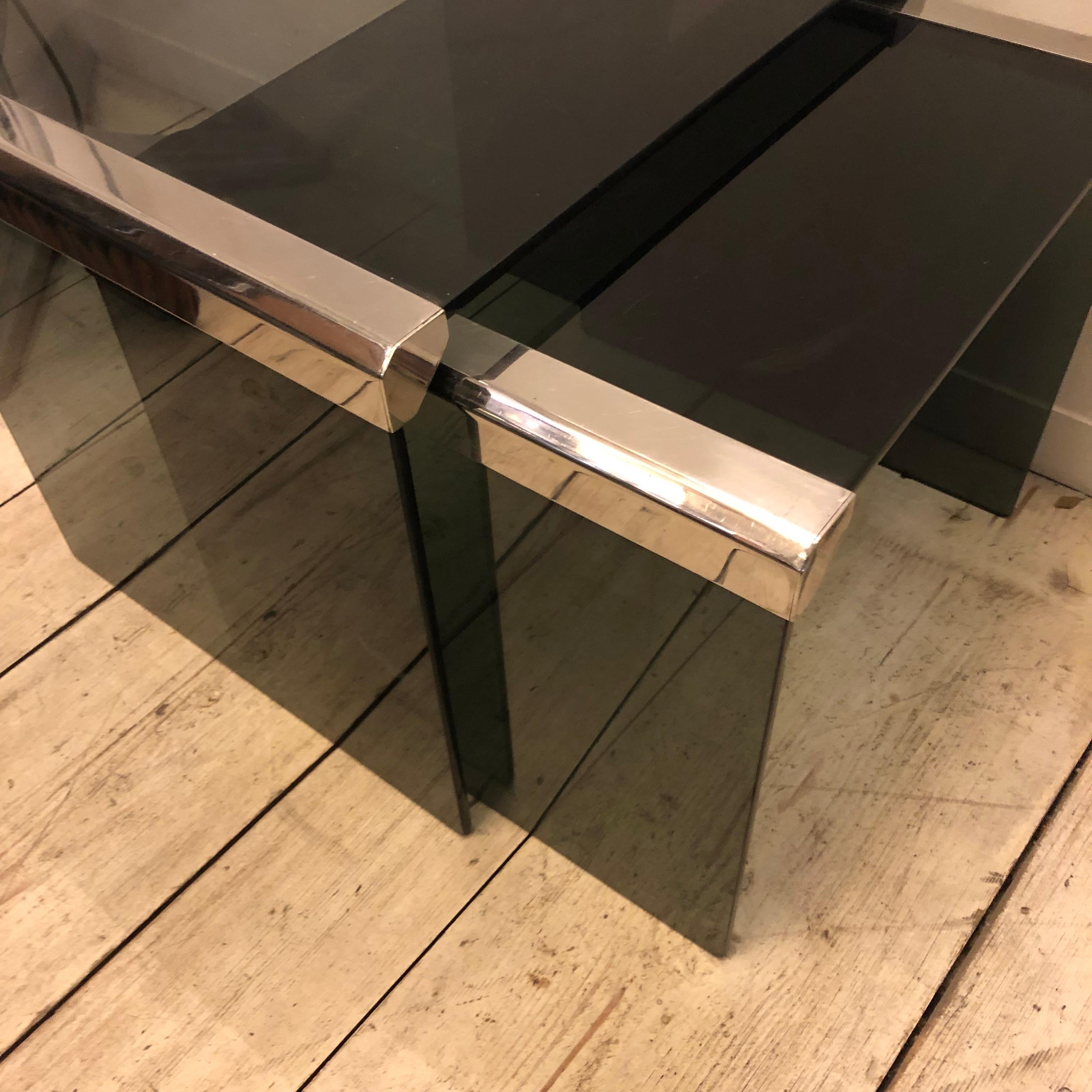 Gallotti & Radice Set of Two Italian Steel and Smoked Glass Side Tables, 1980 1