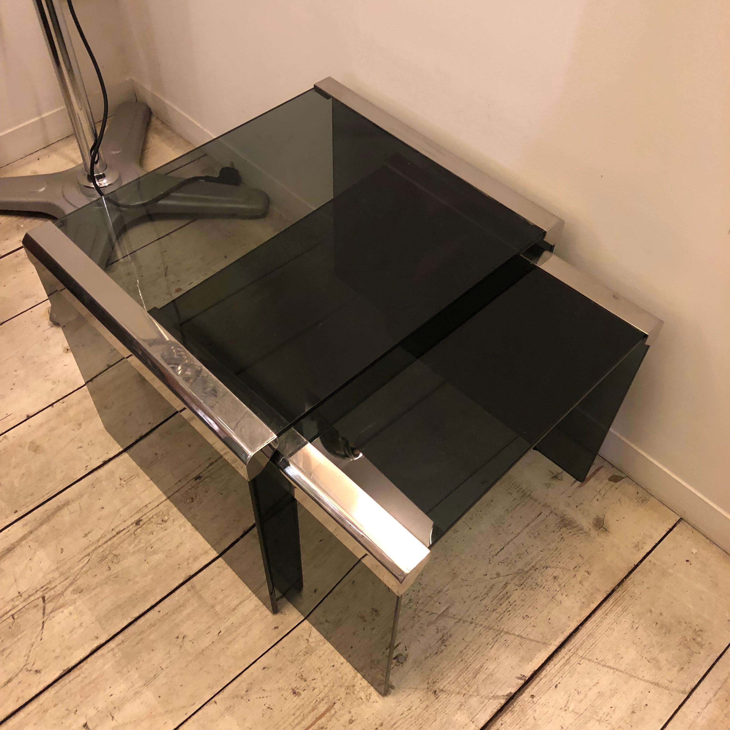 Gallotti & Radice Set of Two Italian Steel and Smoked Glass Side Tables, 1980 4
